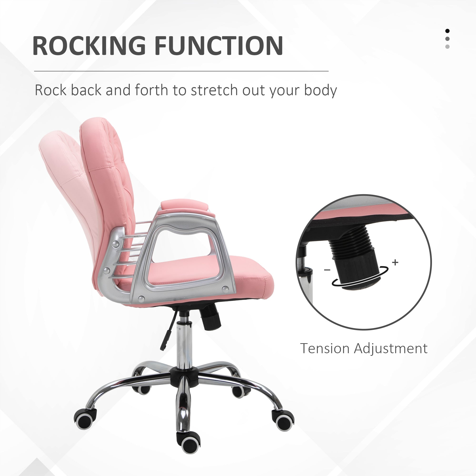 Office Chair Ergonomic 360° Swivel PU Diamante Padded Base 5 Castor Wheels for Home Work Pink