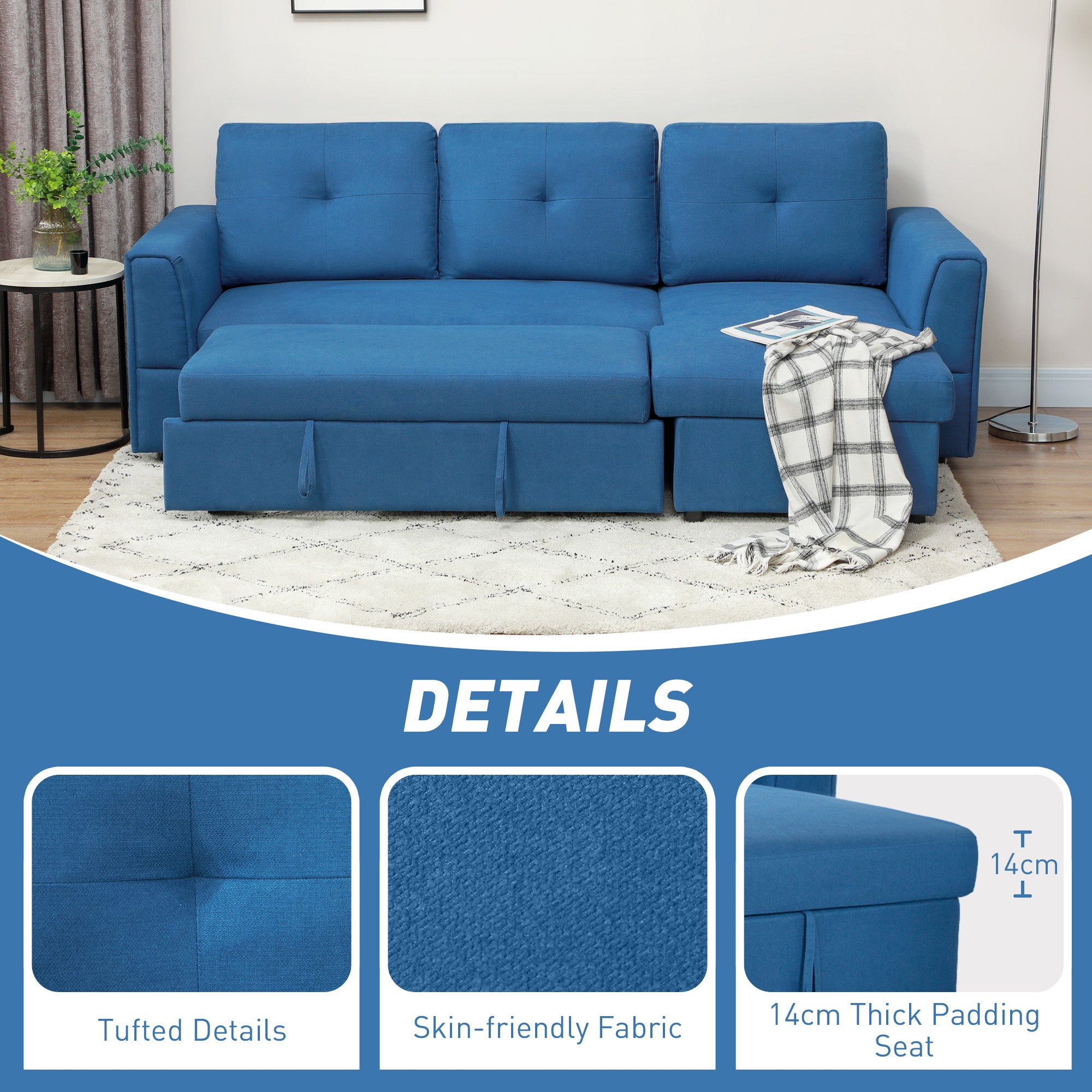 3 Seater Sofa Bed, L-Shaped Corner Sofa, Pull Out Sofa with Storage, Convertible Click Clack Settee Sectional Sleeper Futon for Living Room, Office, Dark Blue