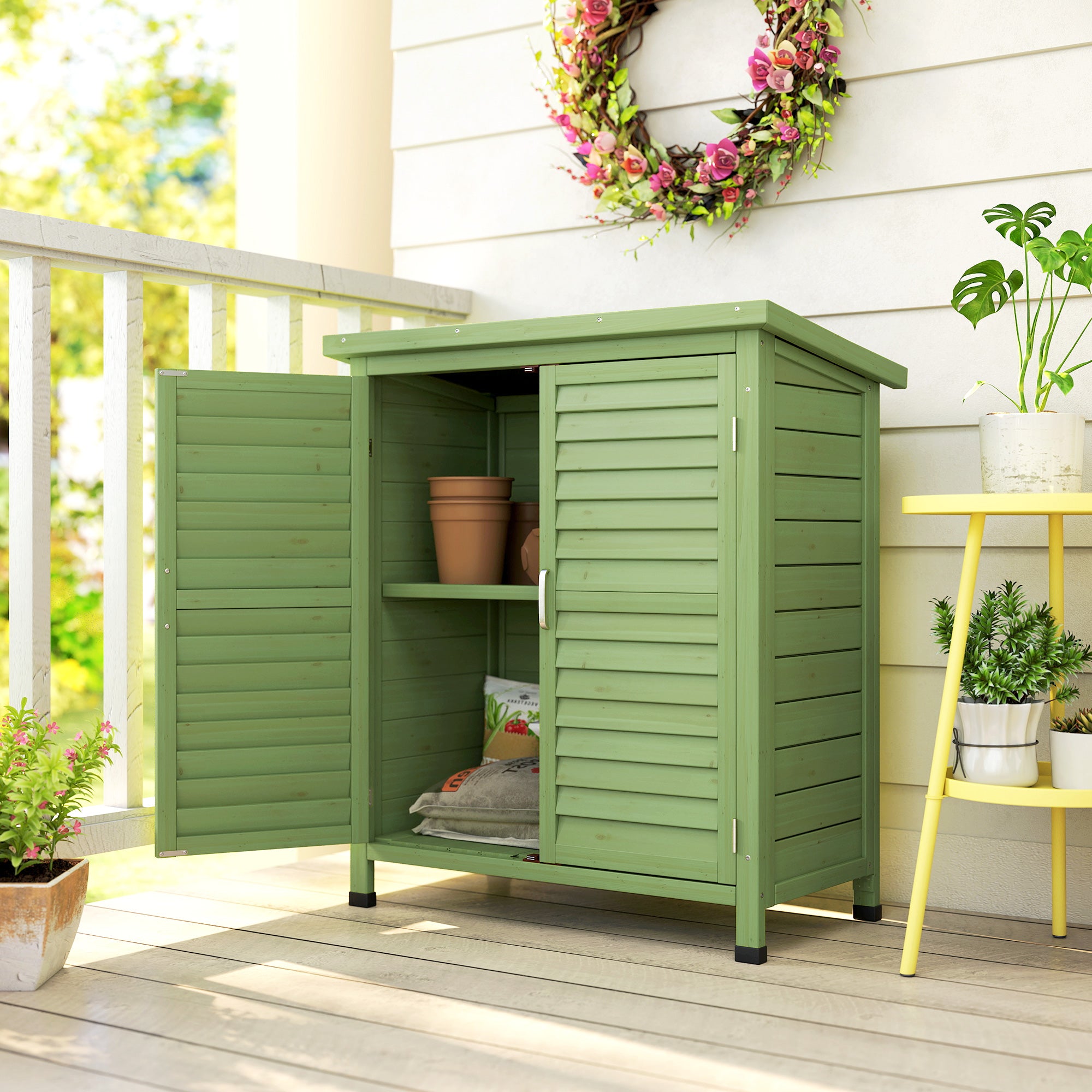 Garden Shed Wooden Garden Storage Shed 2 Door Unit Solid Fir Wood Garage Tool Organisation Cabinet, 87L x 46.5W x 96.5Hcm, Green