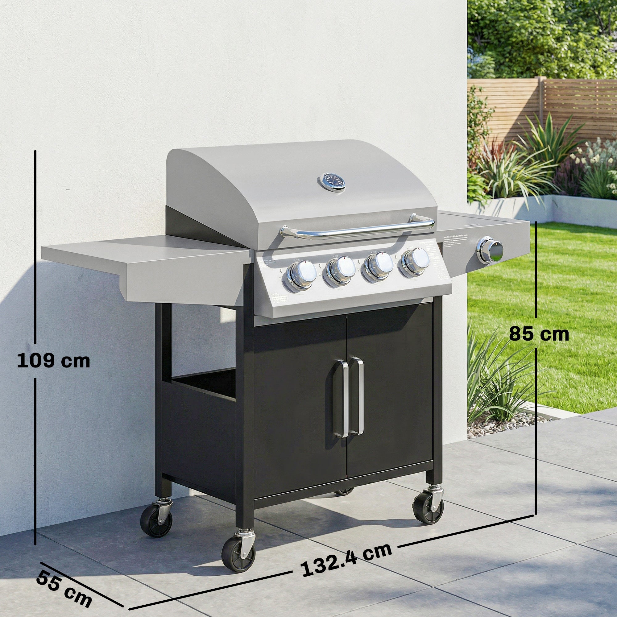 4+1 Burner Gas BBQ Grill with Side Burner, 14.5 kW Steel Portable Gas Barbecue Grill with Built-in Thermometer, Lid