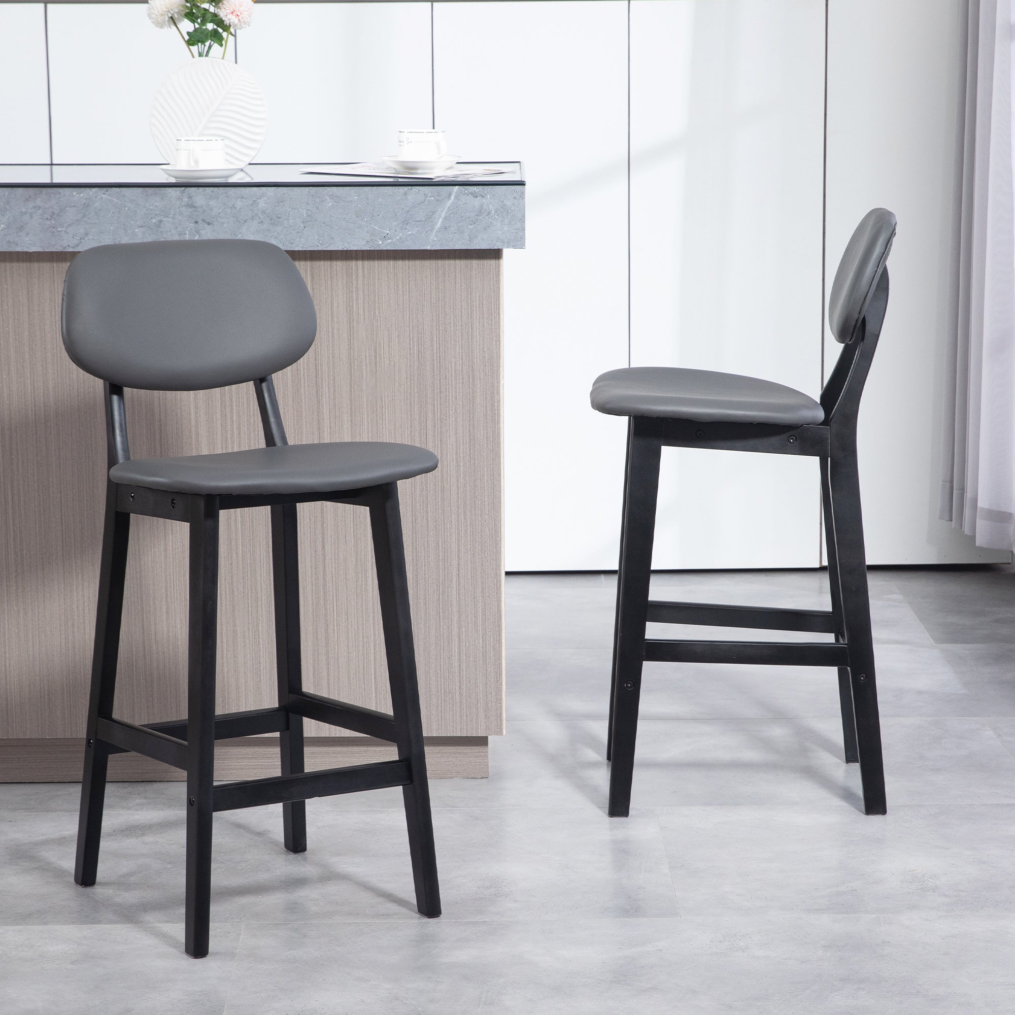 Bar Stools Set of 2, Contemporary Breakfast Bar Chairs, Faux Leather Upholstered Kitchen Stools with Backs and Solid Wood Legs, Dark Grey