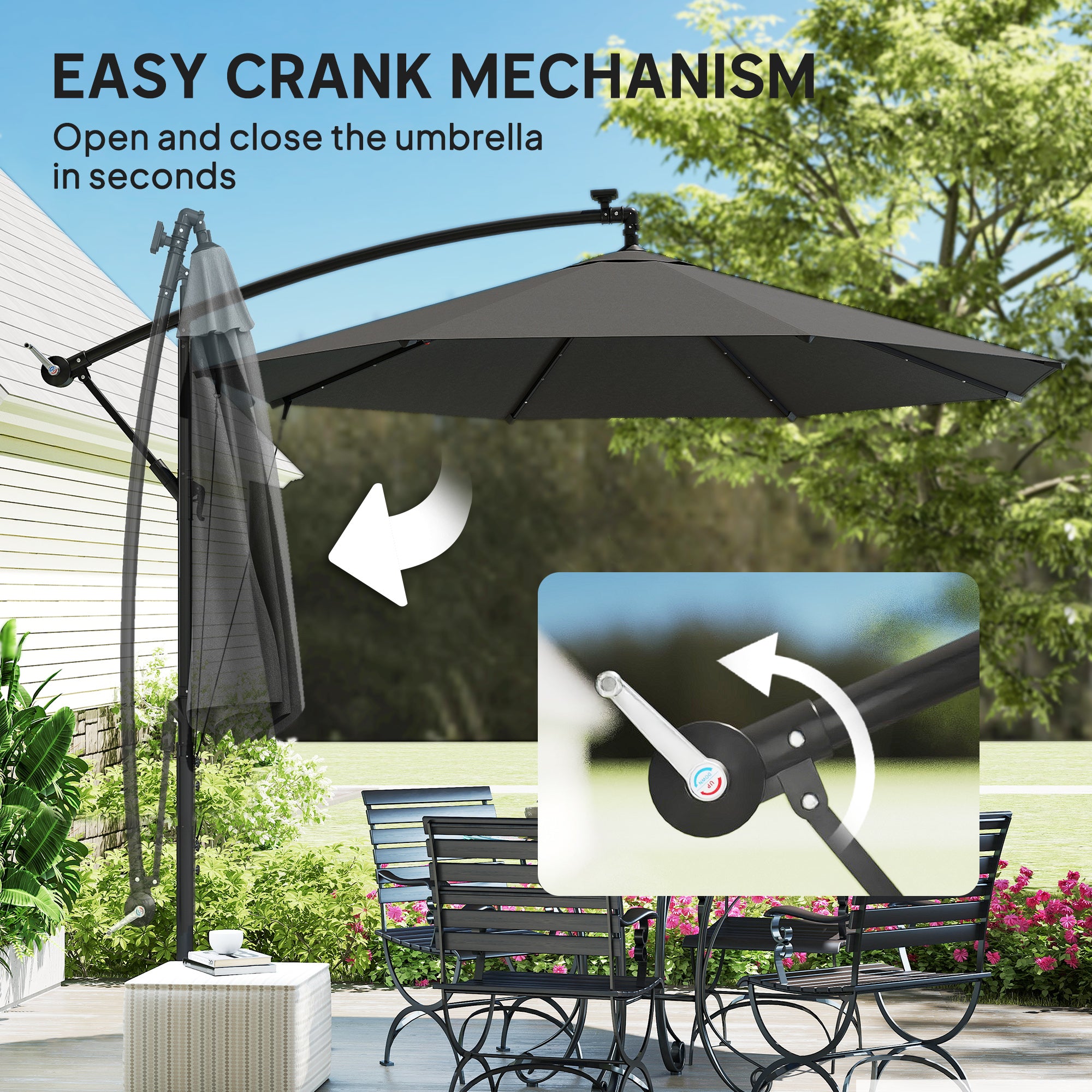 3 m Cantilever Parasol with Solar LED Lights Garden Umbrella with Cross Base, Black