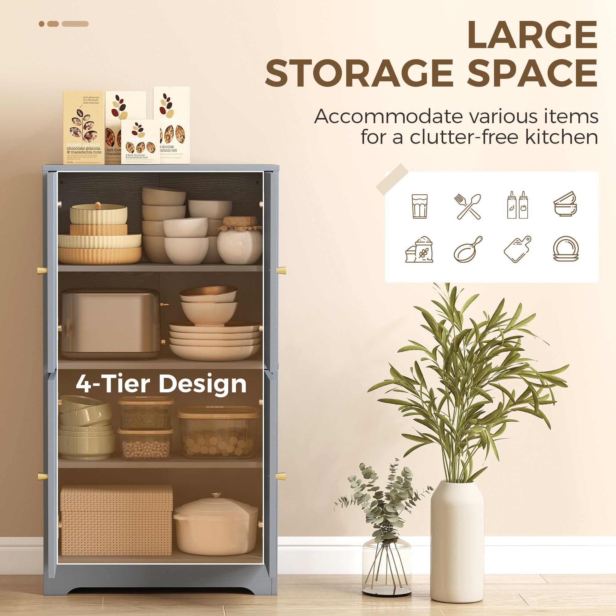 4-Door Kitchen Storage Cabinet with Adjustable Shelves - Grey
