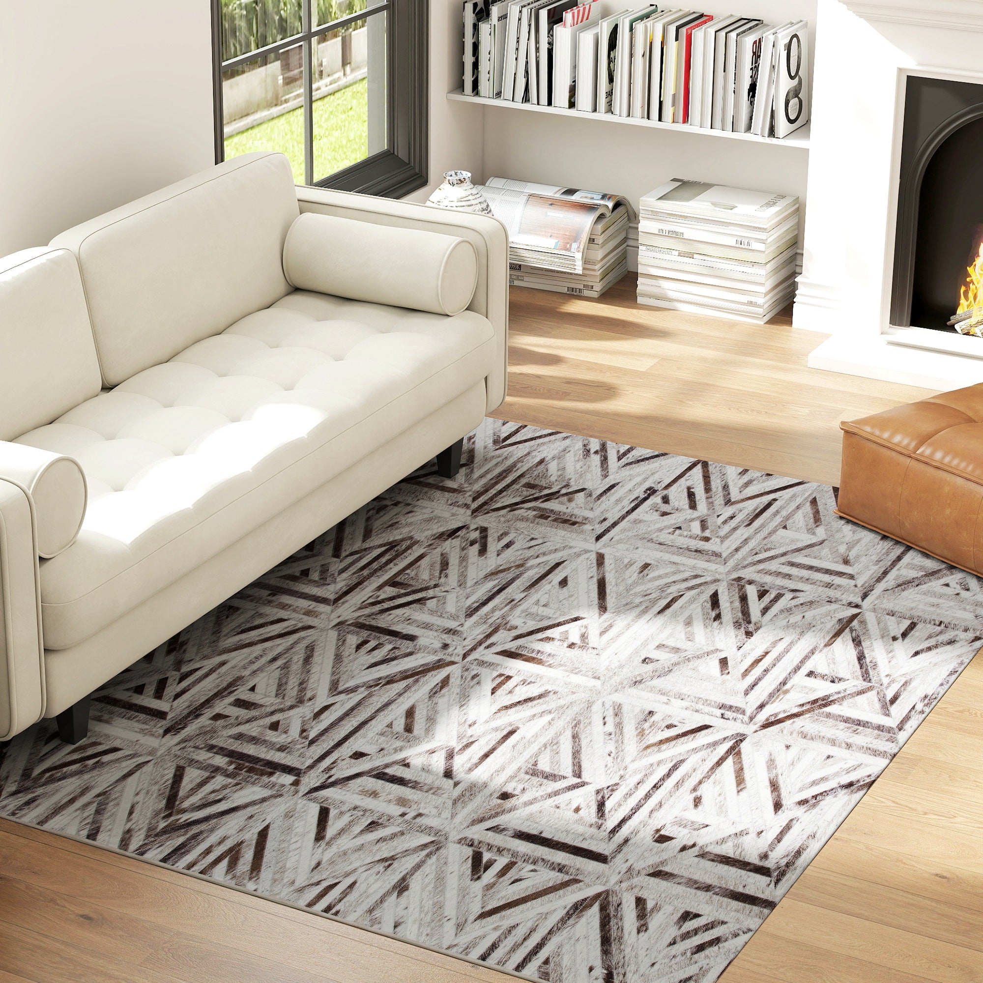 Modern Area Rug, Triangle Pattern Non-Slip Washable Rug, Chenille Floor Carpet for Living Room, Bedroom, Dining Room, Home Office, 230 x 160 cm, Brown