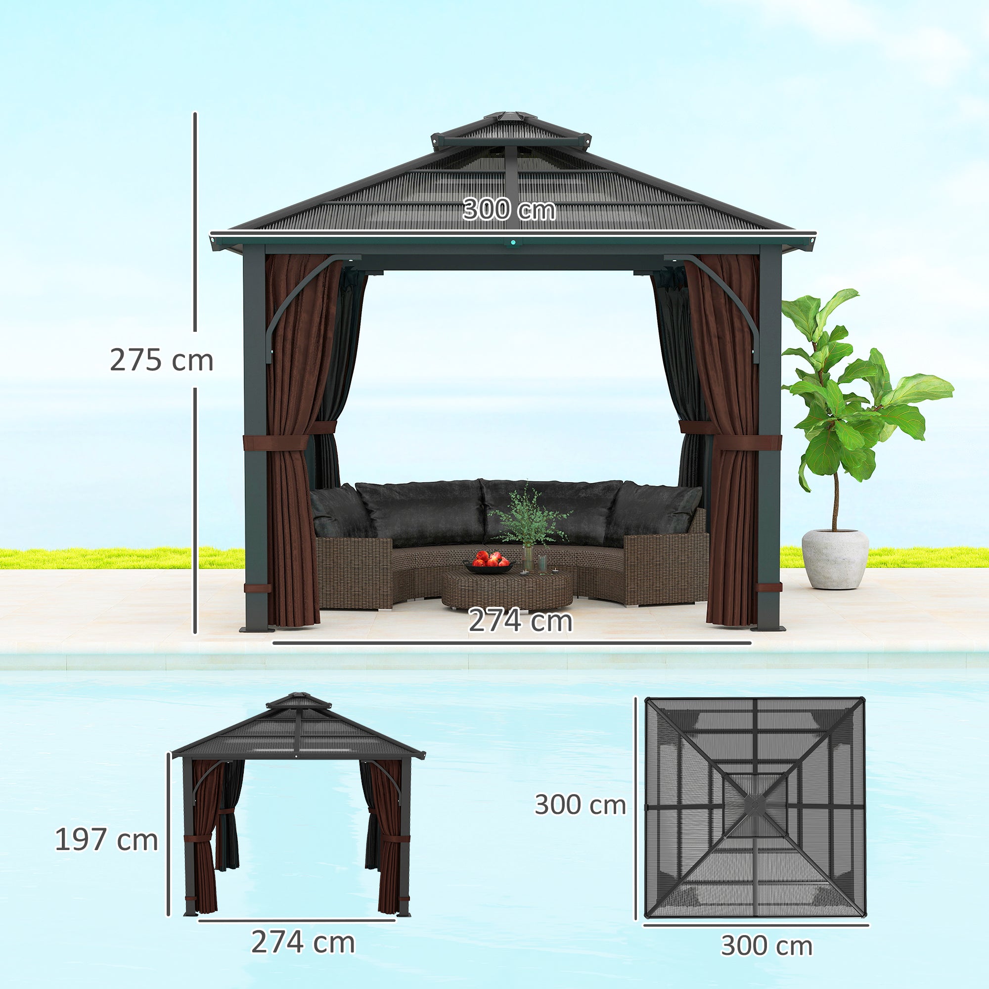 3 x 3(m) Hardtop Gazebo Canopy with 7mm Double Polycarbonate Roof, Garden Gazebo Permanent Pavilion with Mosquito Netting and Curtains for Patio, Deck, Brown