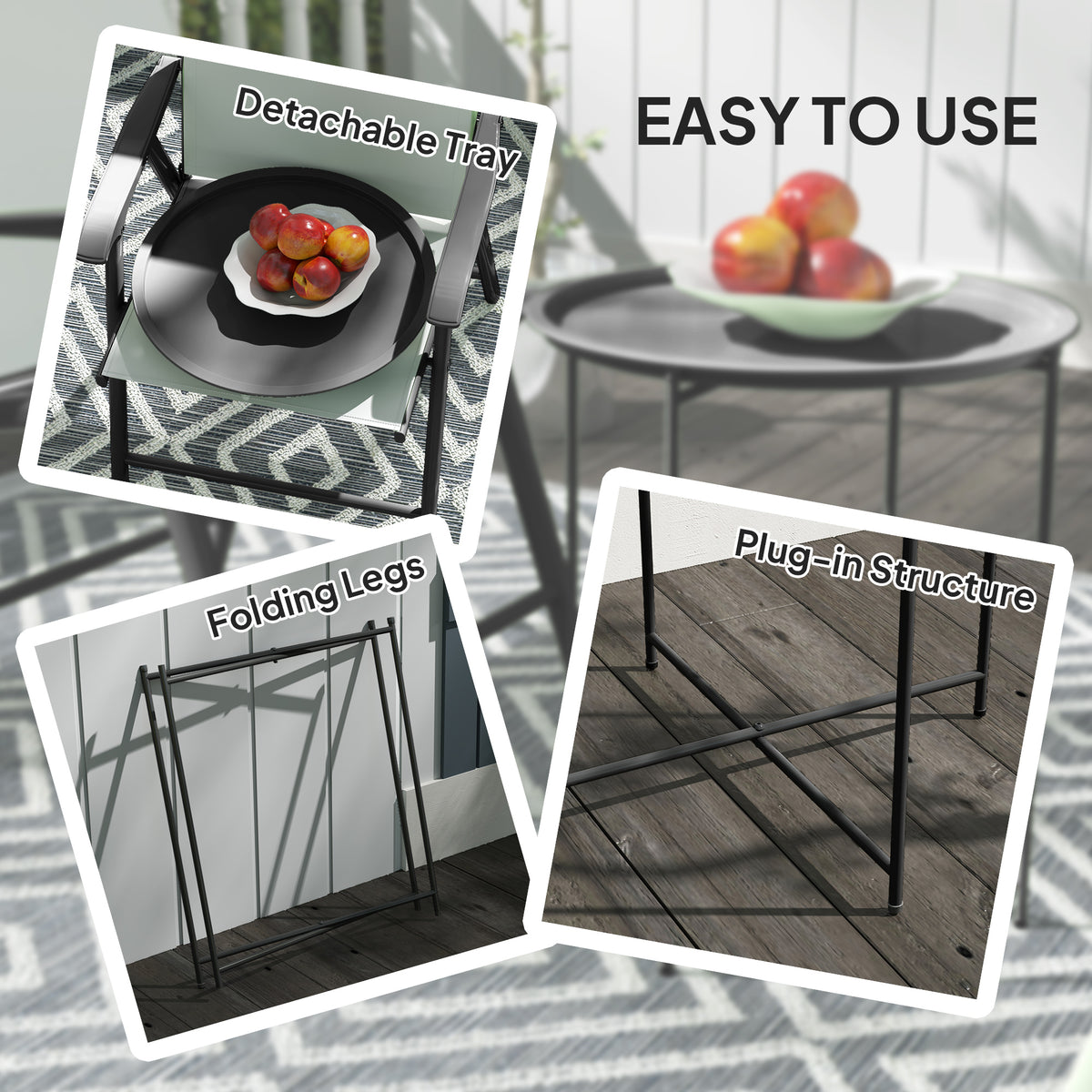 Steel Removable Tray Top Garden Table with Foldable Legs - Black