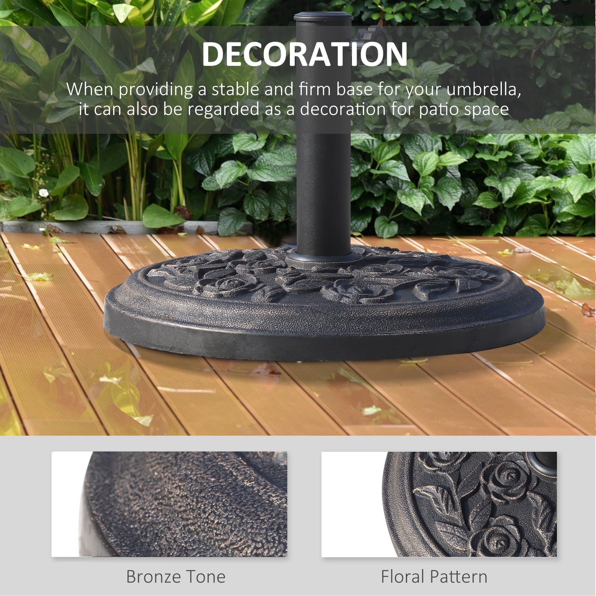 9kg Garden Parasol Base, Round Resin Sun Umbrella Base, Outdoor Umbrella Stand for 38mm or 48mm Outdoor Umbrella Poles, Bronze Tone