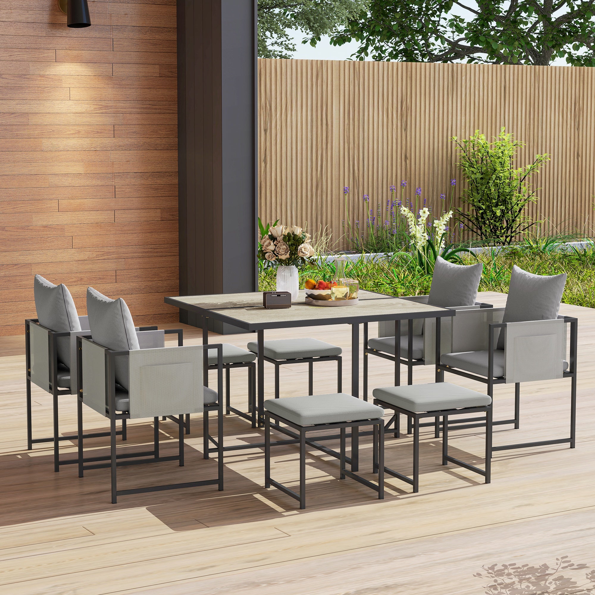 9 Piece Steel Frame Garden Dining Set with Cushions - Grey