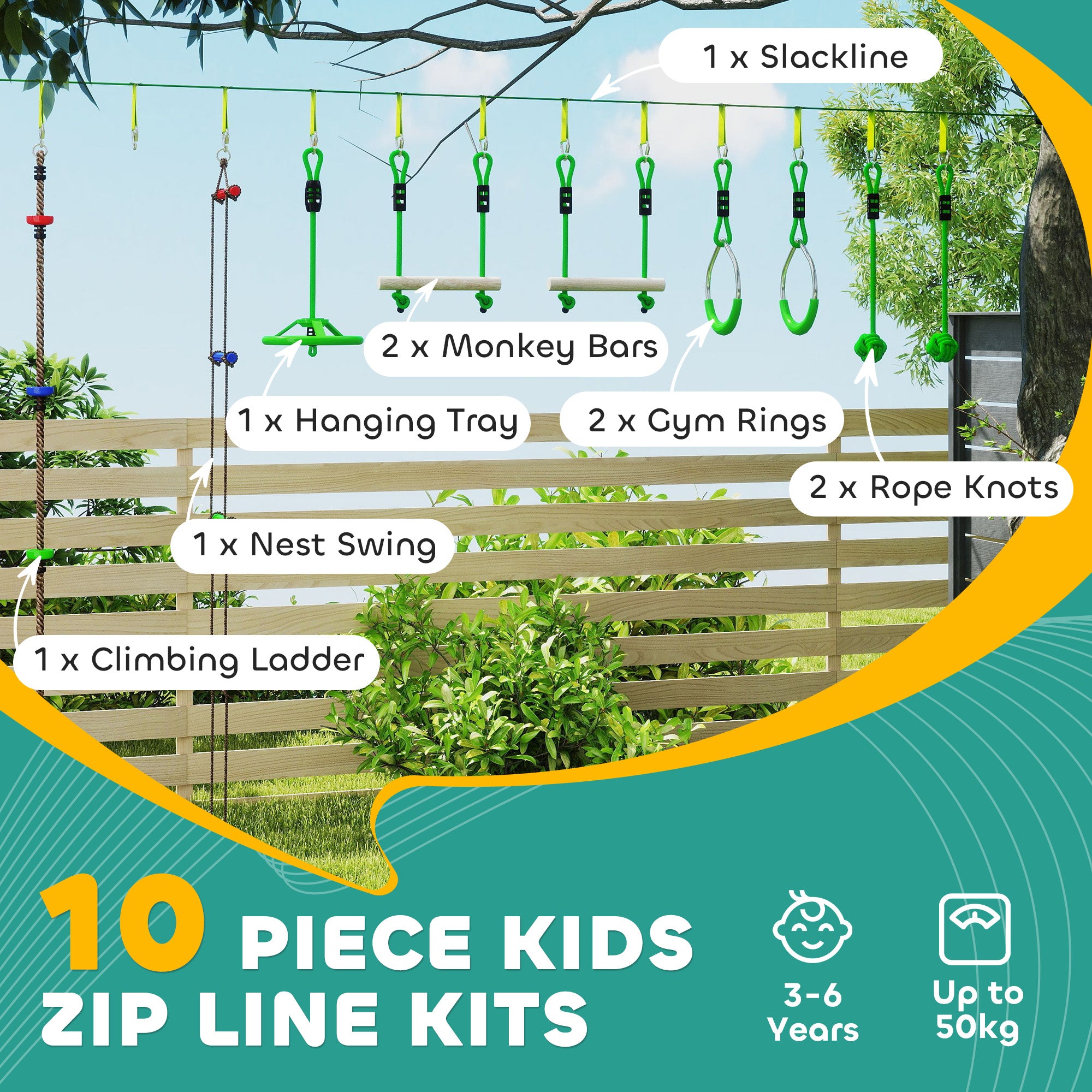 Obstacle Course for Kids with 10PCs Slackline Kit, with Monkey Bars, Gym Rings, Rope Ladder, Nest Swing, Hanging Tray