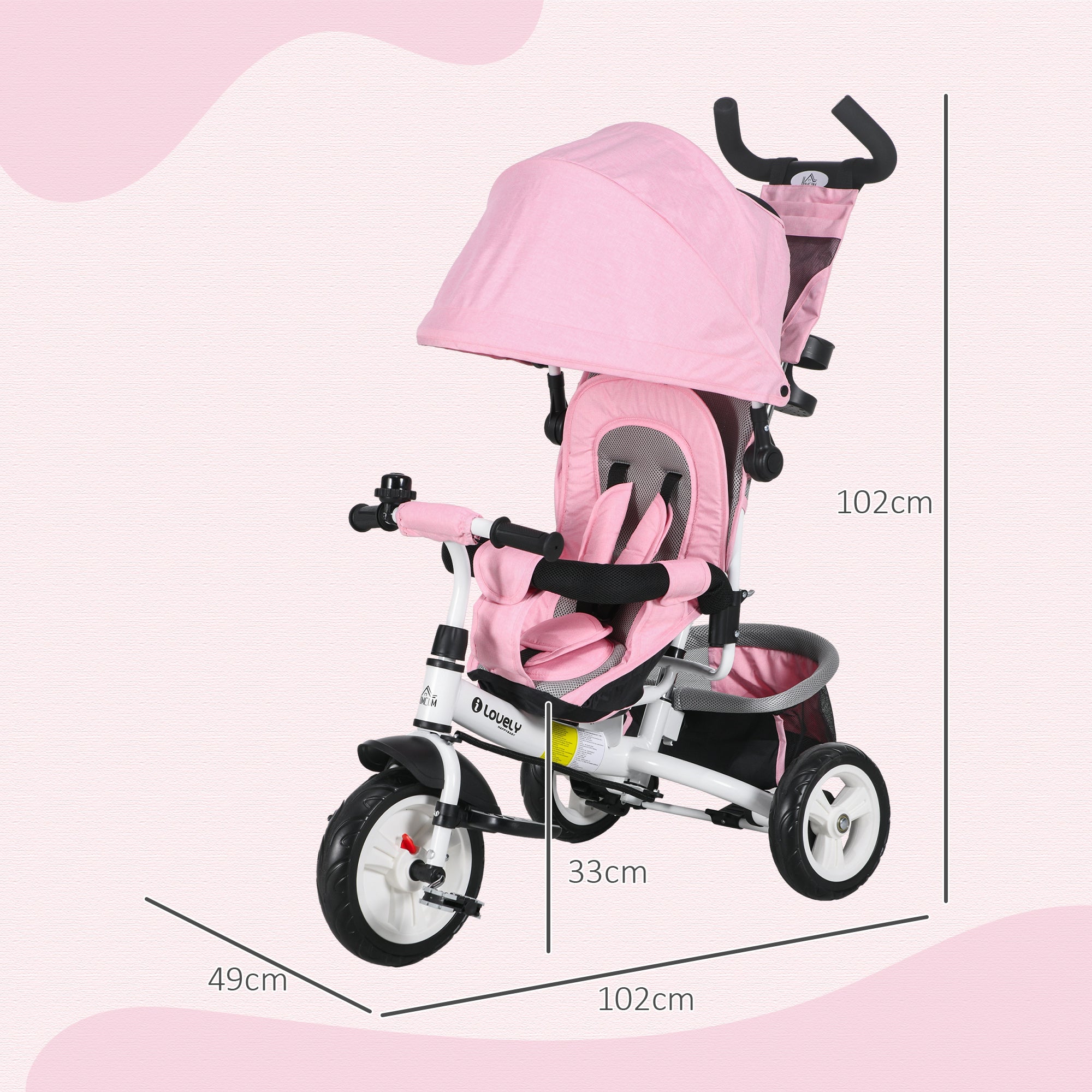 6 in 1 Kids Trike Push Bike w/ Push Handle, Canopy, 5-point Safety Belt, Storage, Footrest, Brake, for 1-5 Years, Pink