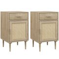 Bedside Tables Set of 2, Rattan Side Tables with Drawer, Cabinet and Adjustable Shelf, Boho Bedside Cabinets with Storage for Bedroom, Living Room, Natural Wood Finish