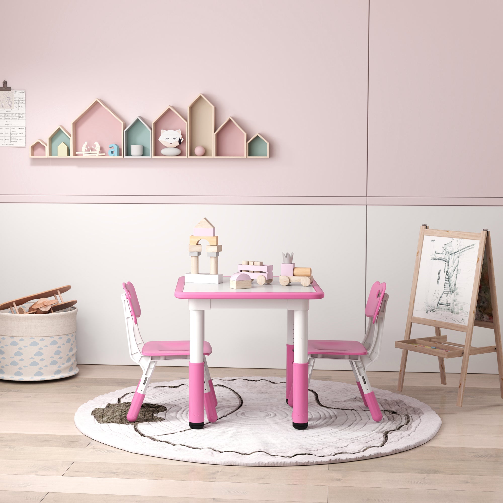 3 Piece Height Adjustable Toddler Table and Chair Set - Pink