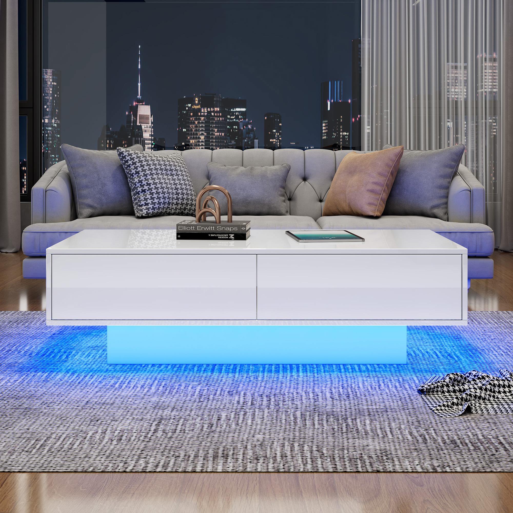 High Gloss LED Coffee Table with 2 Drawers and Bluetooth Control, Tea Table with Particle Board, 115L x 55W x 34H cm, White