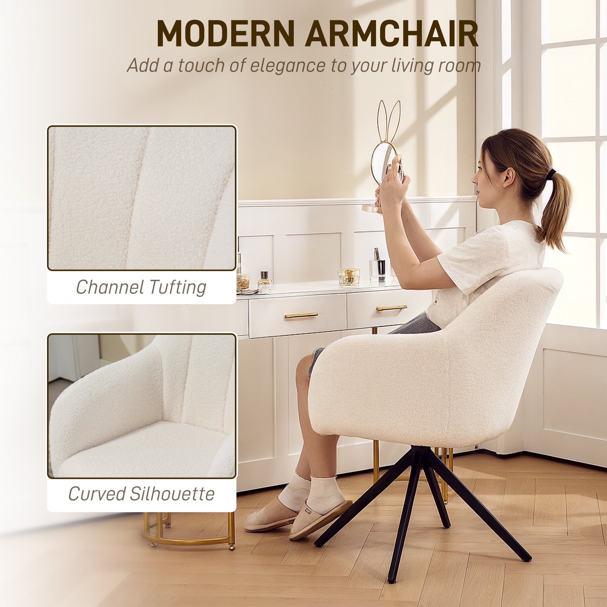 360 Degree Swivel Accent Chair, Teddy Fleece Fabric Armchair, White