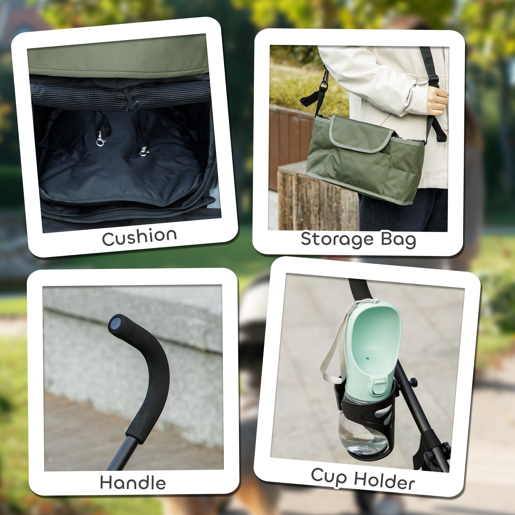 Umbrella Structure Dog Stroller, Lightweight & Portable Dog Pram w/ Shoulder Strap, Storage Bag & Cup Holder, Dark Green