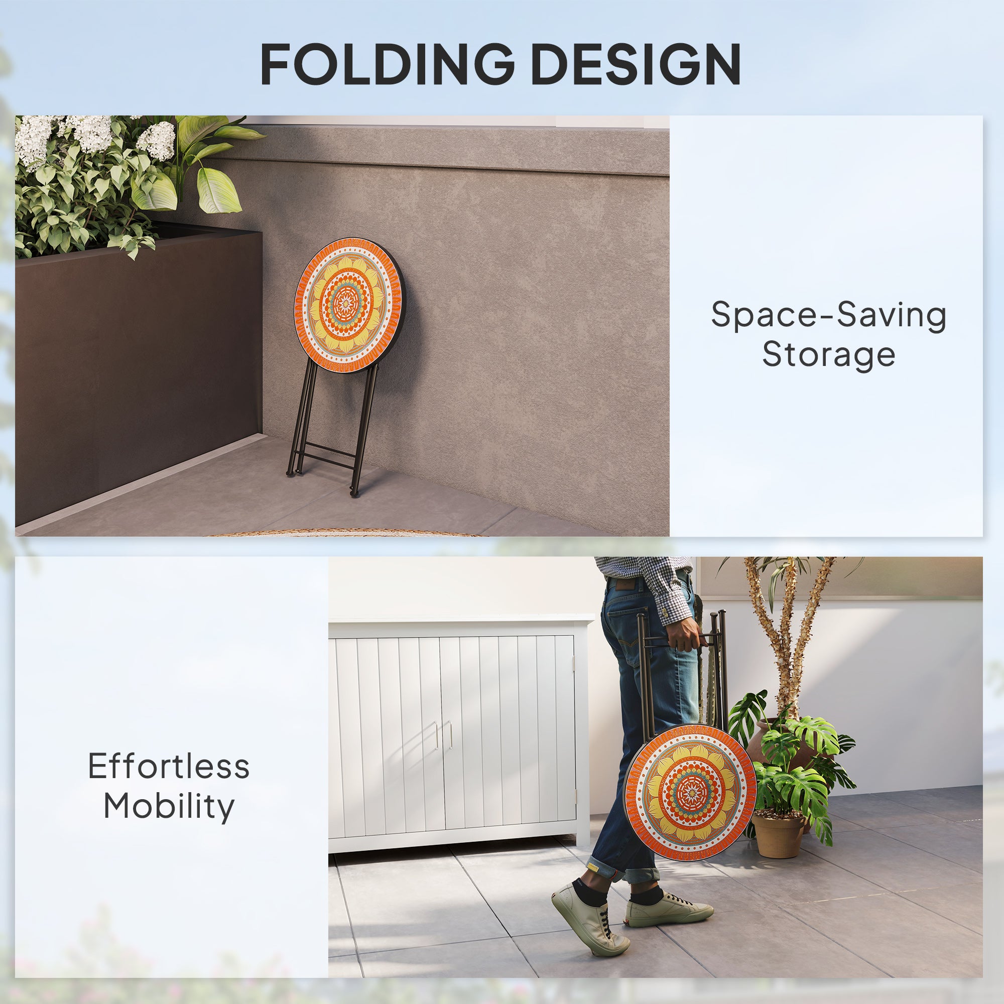 Mosaic Outdoor Garden Table, 35.5cm Round Folding Coffee Table with Metal Frame for Balcony Terrace, Orange