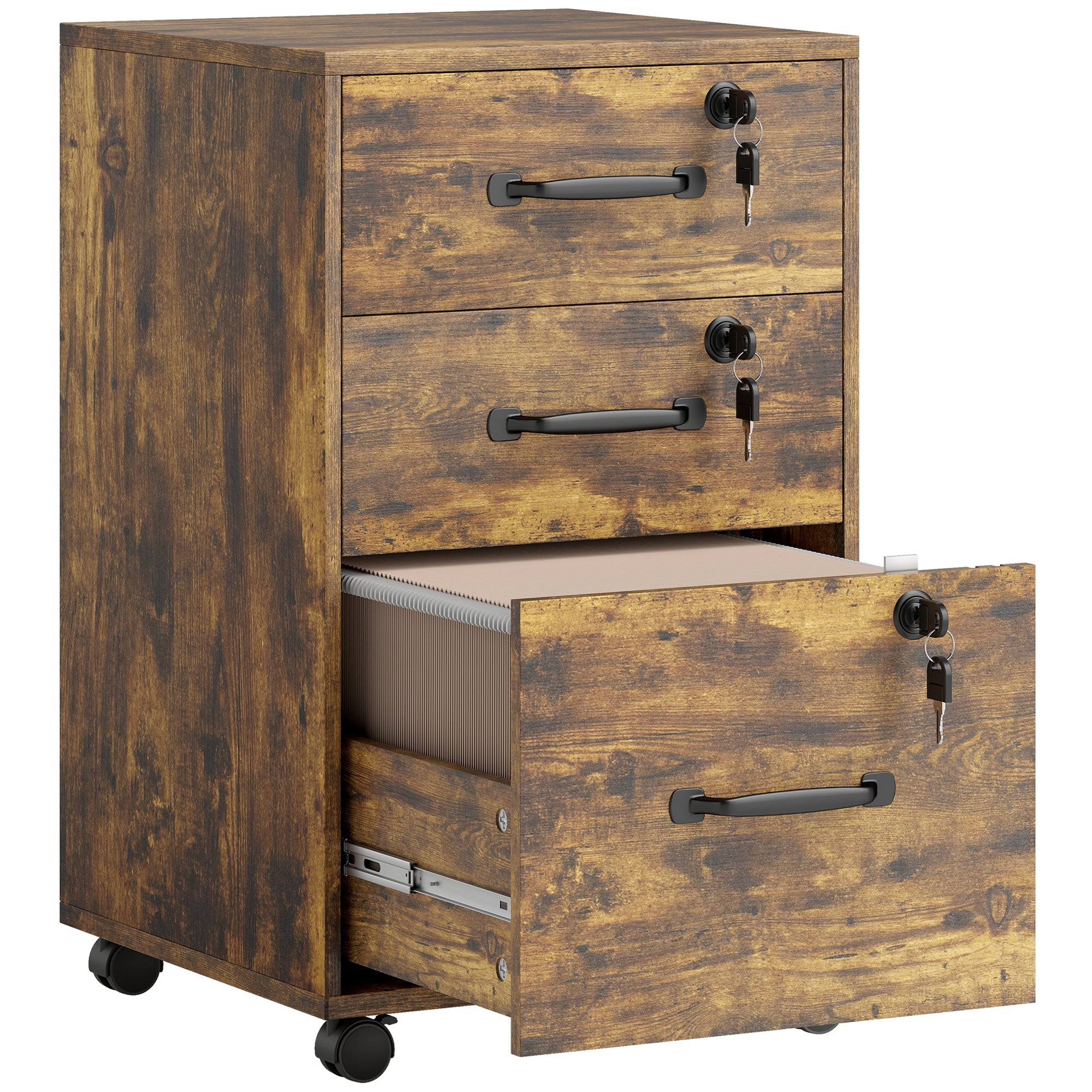 Three Drawer Wood-Effect Filing Cabinet - Rustic Brown
