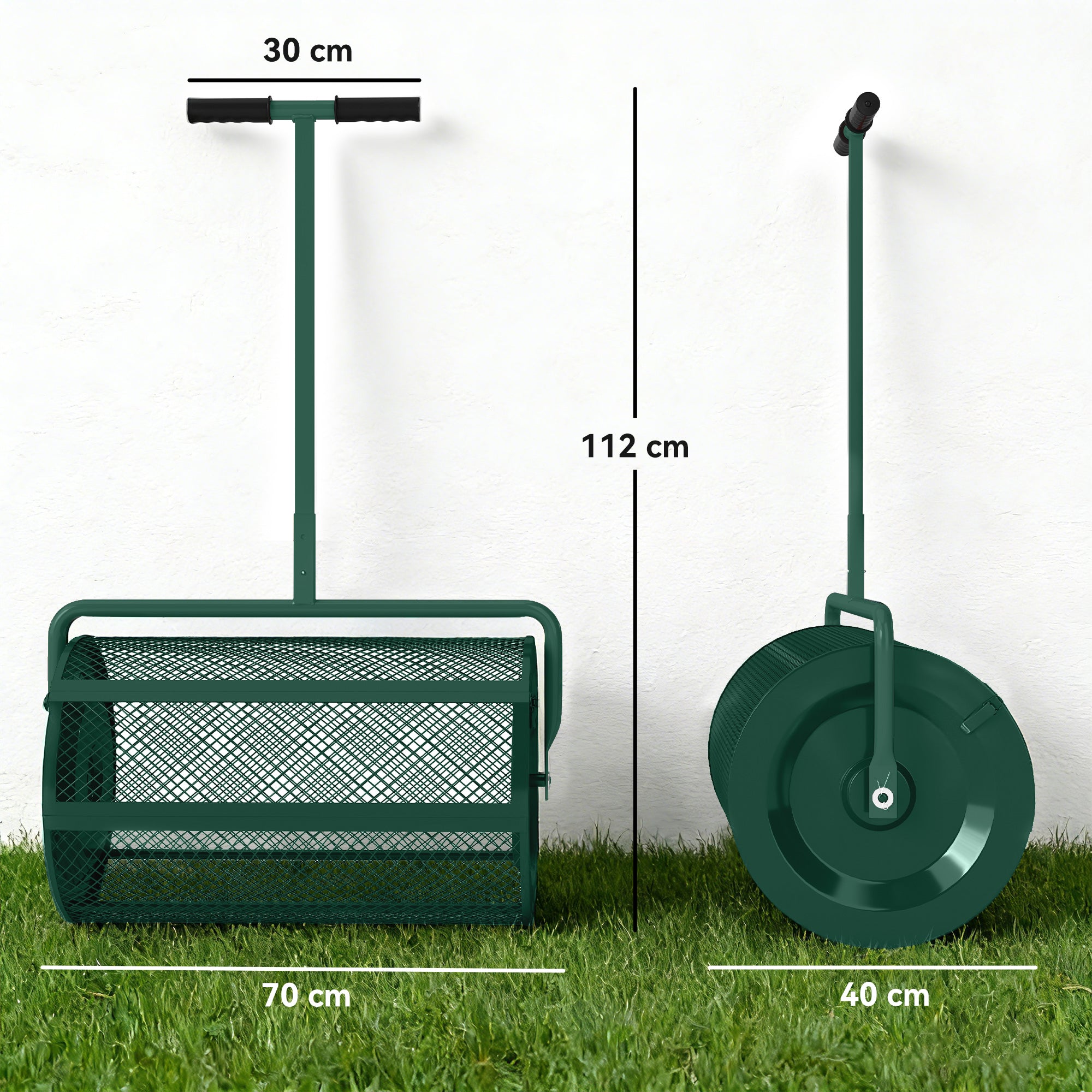 Compost Spreader, 24" Peat Moss Spreader with Height Adjustable T Shaped Handle and Metal Mesh Basket, Garden Spreader for Seeding, Spreading Manure, Green