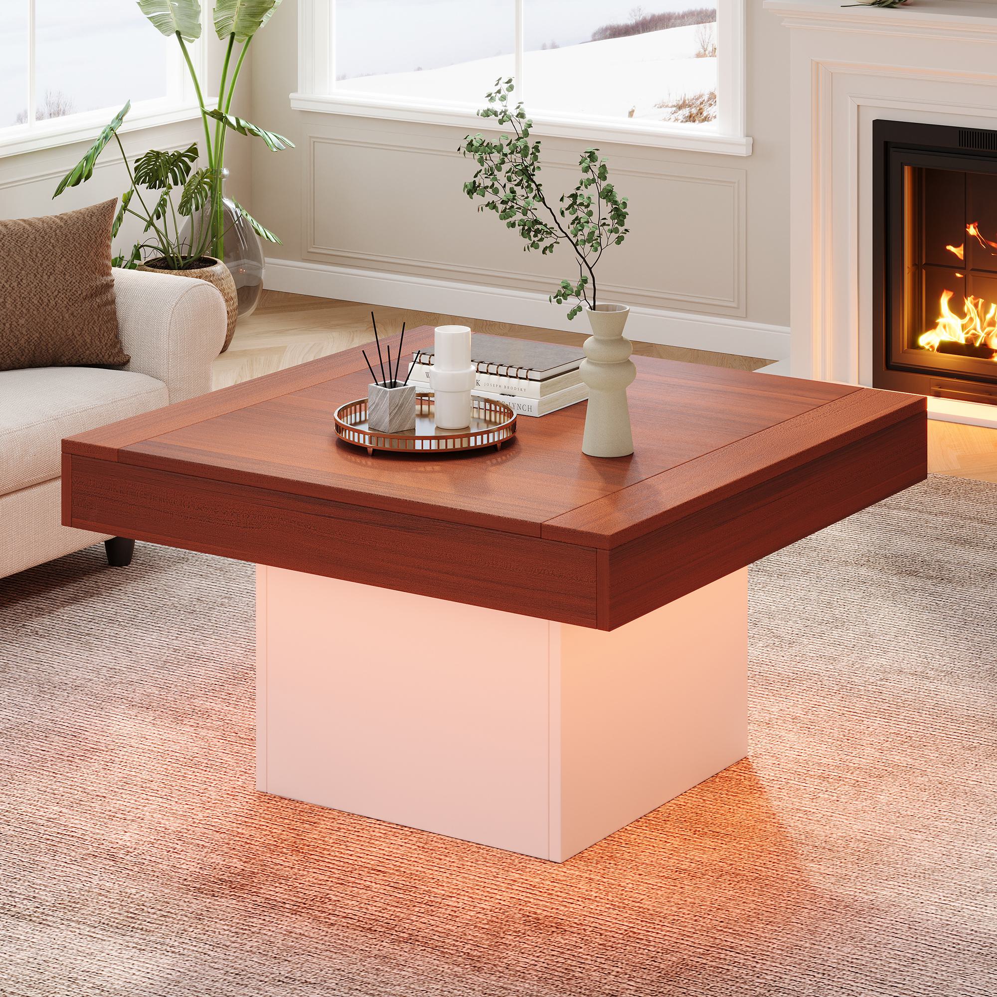 Square Coffee Table with LED Lights, Rustic Industrial Design, Particle Board, 70L x 70W x 40H cm, Brown+White