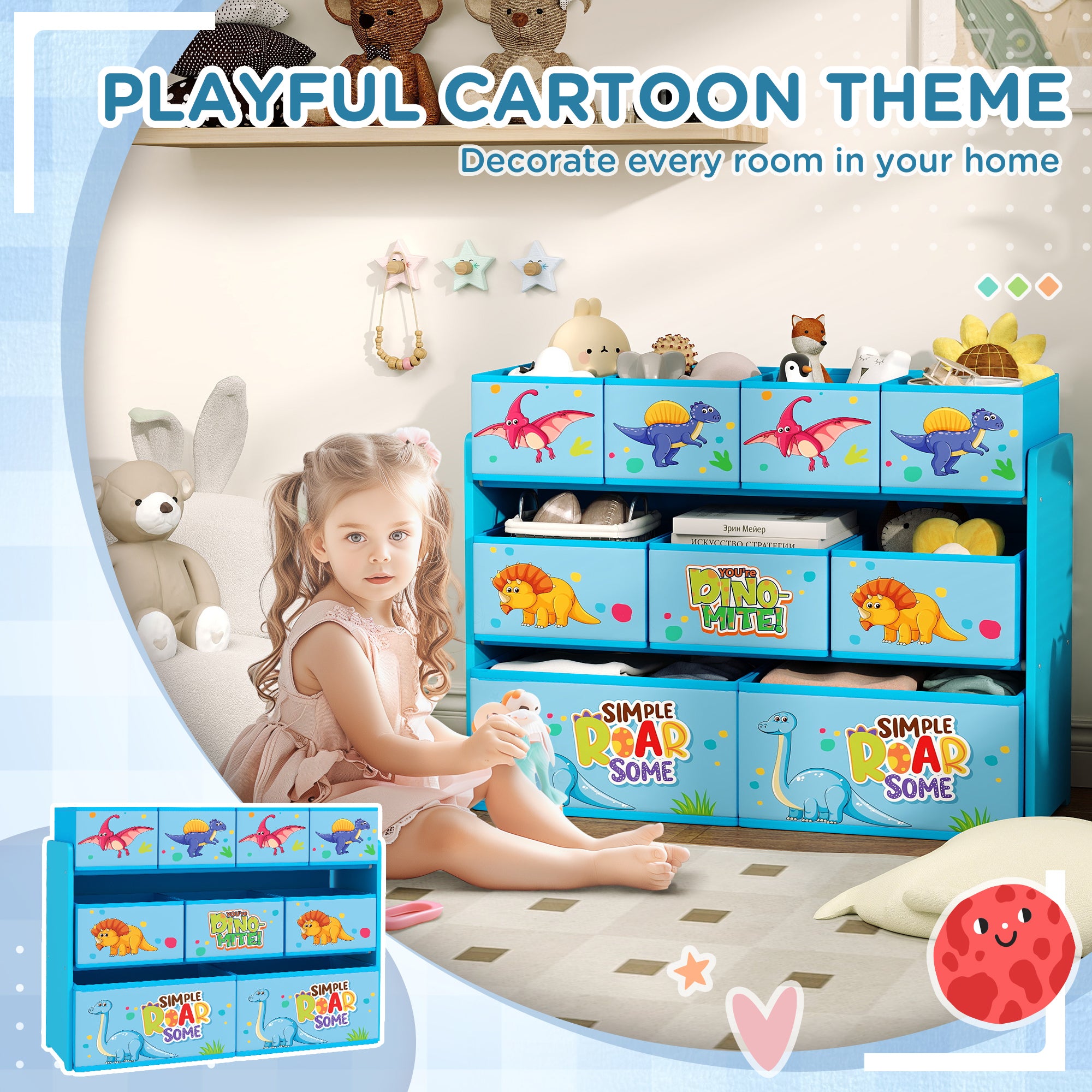 3 Tier Kids Storage Unit with 9 Fabric Boxes for Organised Bedroom Blue