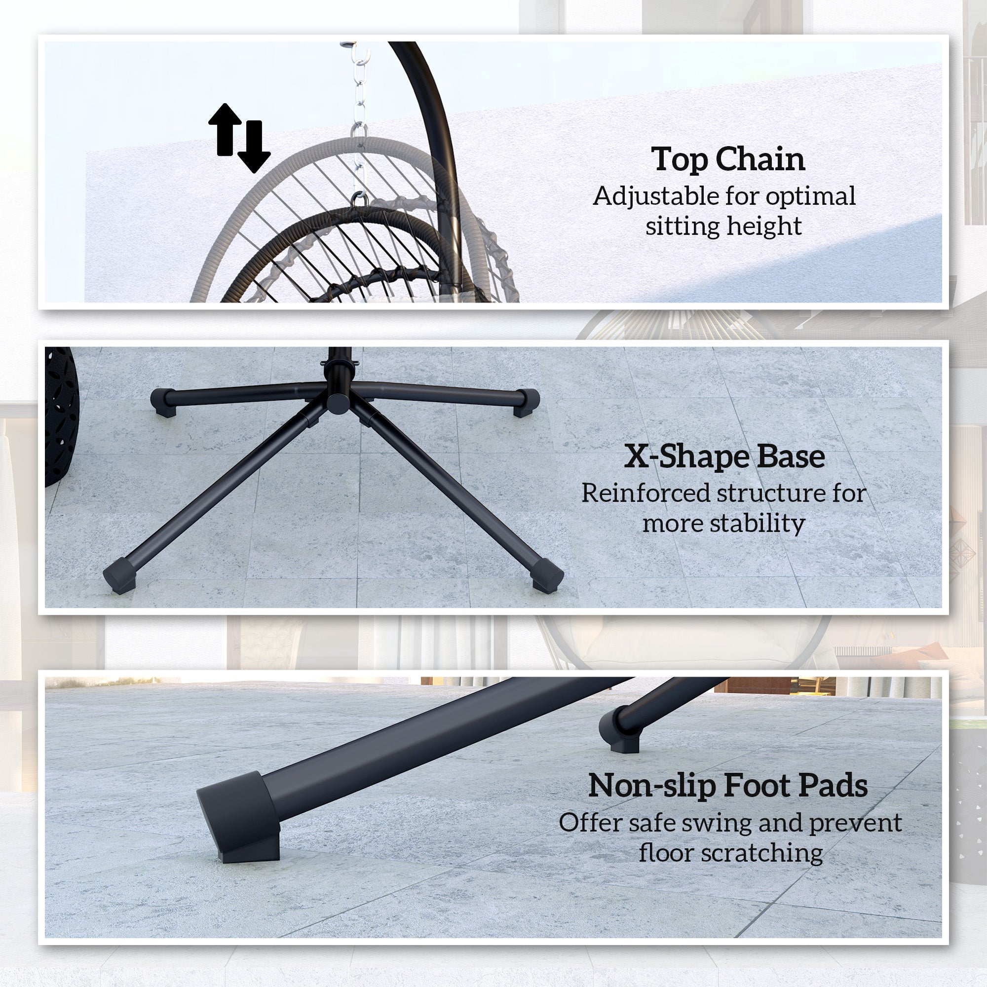 Hanging Egg Chair with Cushion and Metal Stand - Black