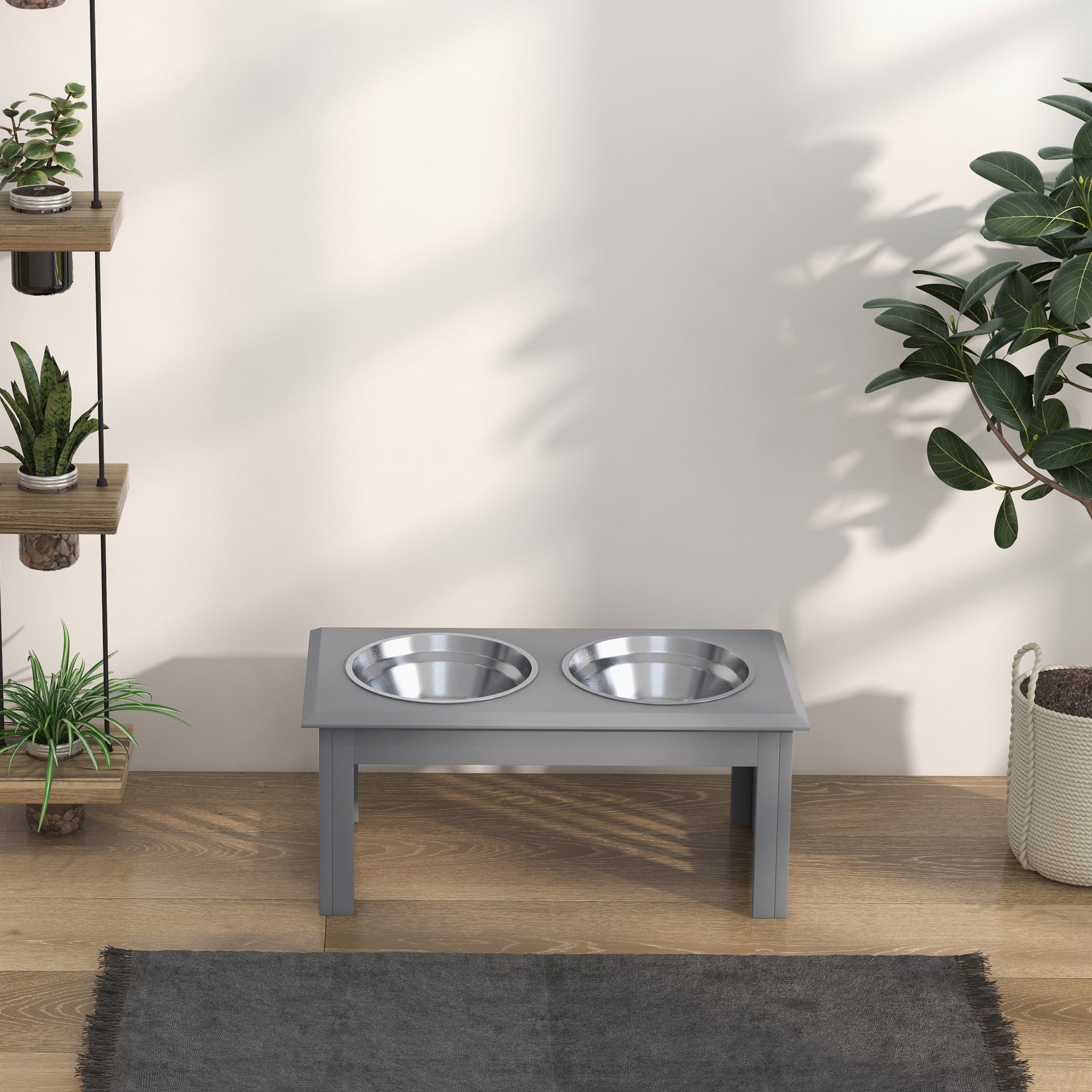 Raised Dog Feeding Bowls with Stand, Stainless Steel for Small and Medium Dog, 58L x 31W x 25H cm - Grey