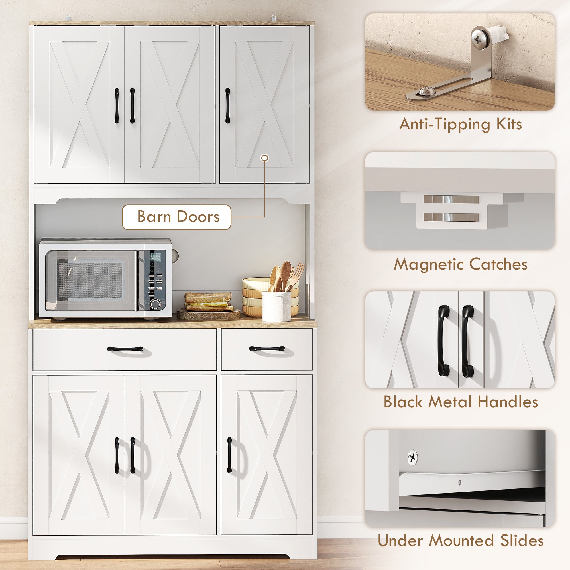 175 cm Tall Kitchen Pantry Cabinet with Microwave Stand, Freestanding Pantry Cupboard, White
