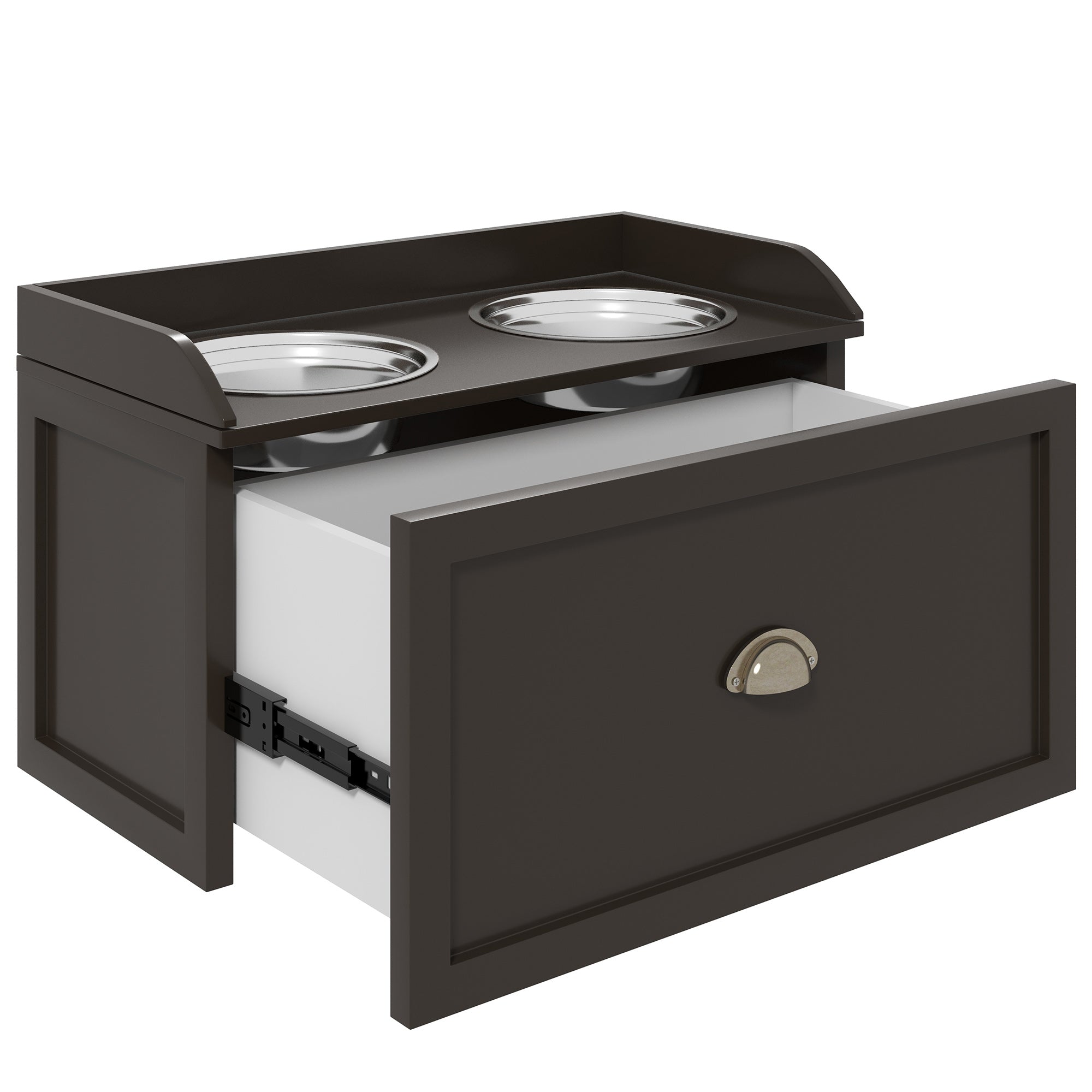 Stainless Steel Raised Dog Bowls, with 21L Storage Drawer for Large Dogs - Brown