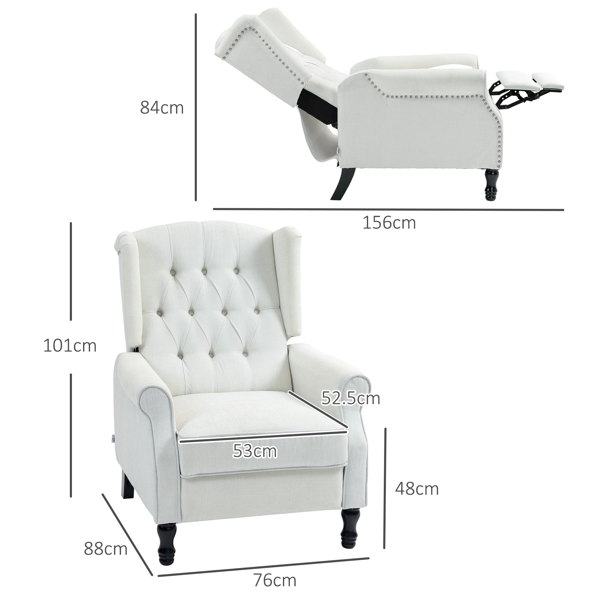 Recliner Armchair, Vintage Reclining Chair with Nail Head Trim, Wingback Chair with Button Tufted Back and Footrest, for Living Room, Cream White