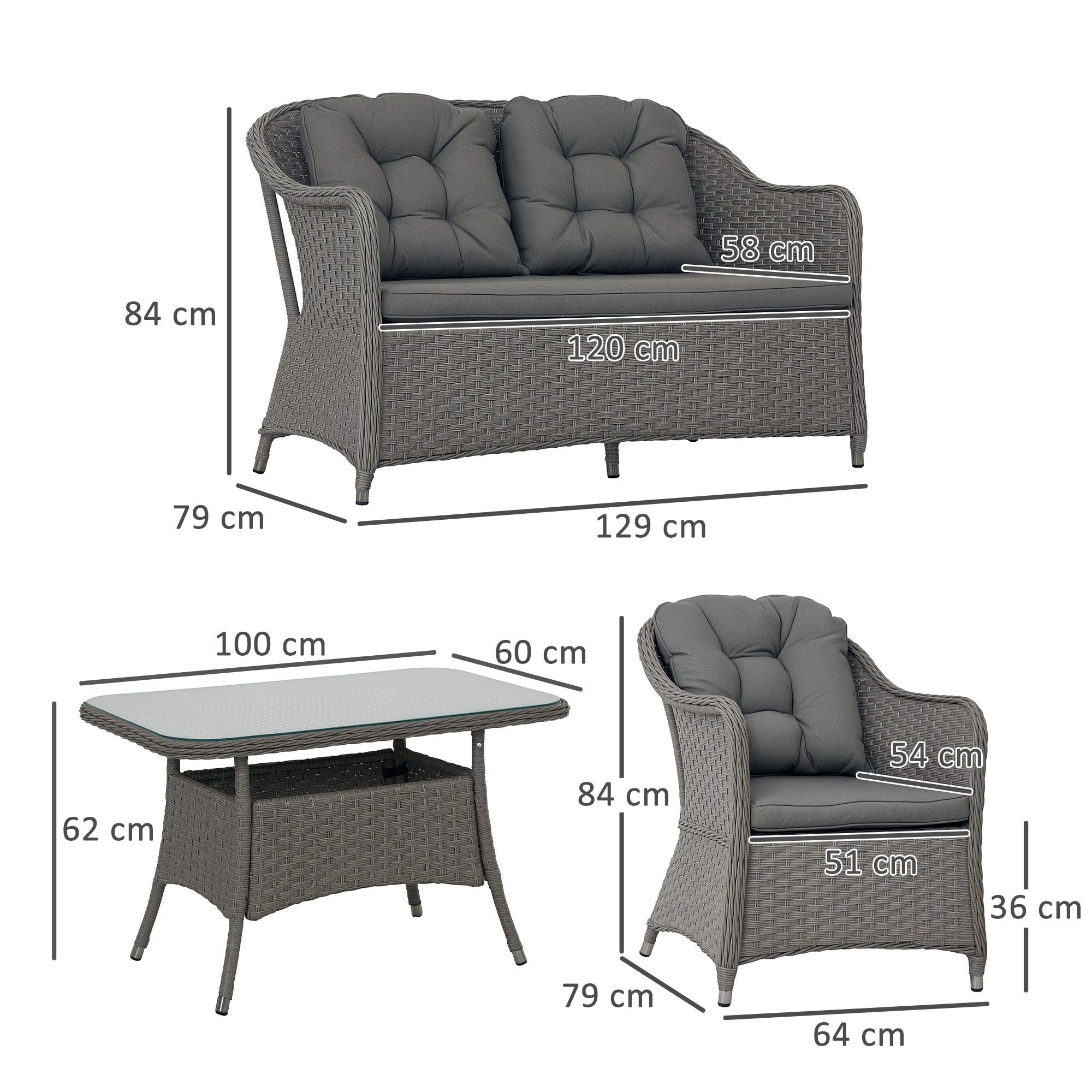 4 Piece Aluminium Frame Rattan Garden Set With Glass-Top Table Light Grey