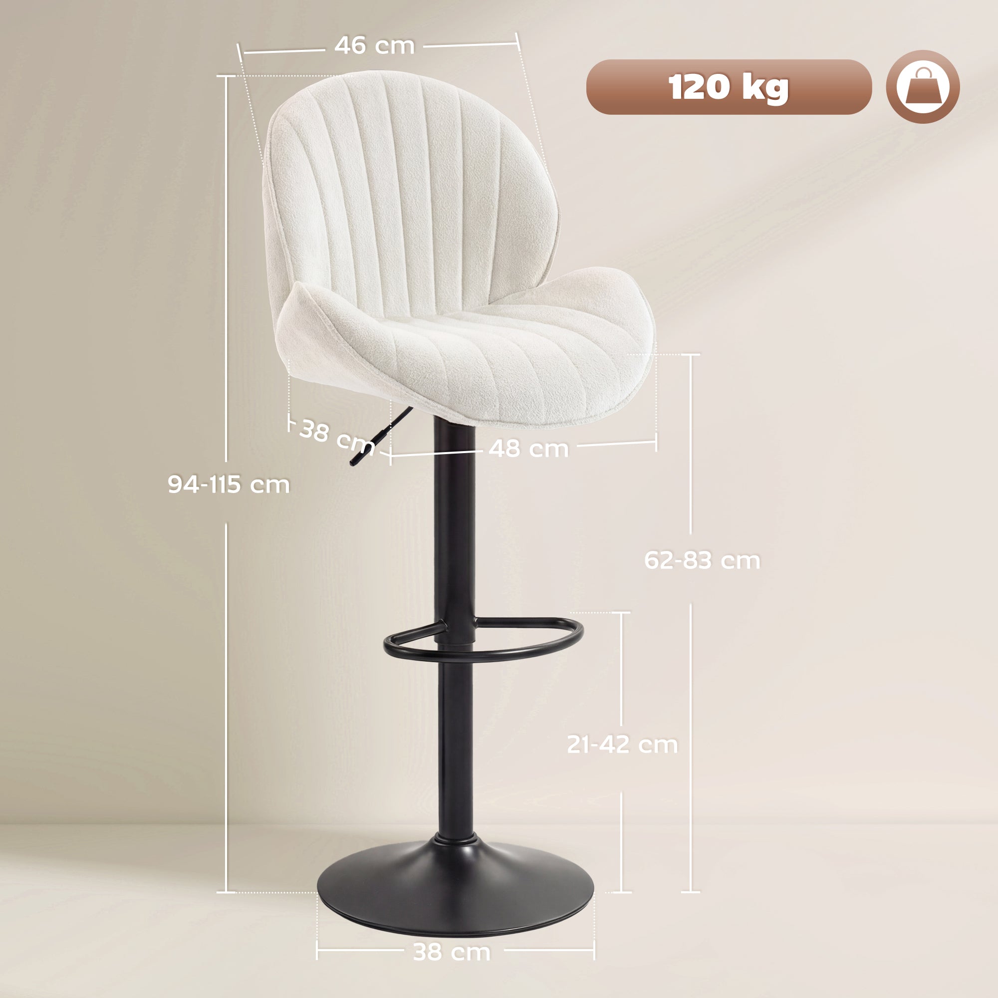 Bar Stools Set of 2, Swivel Barstools with Back, Adjustable Height and Footrest for Kitchen Island, Dining Room, Cream