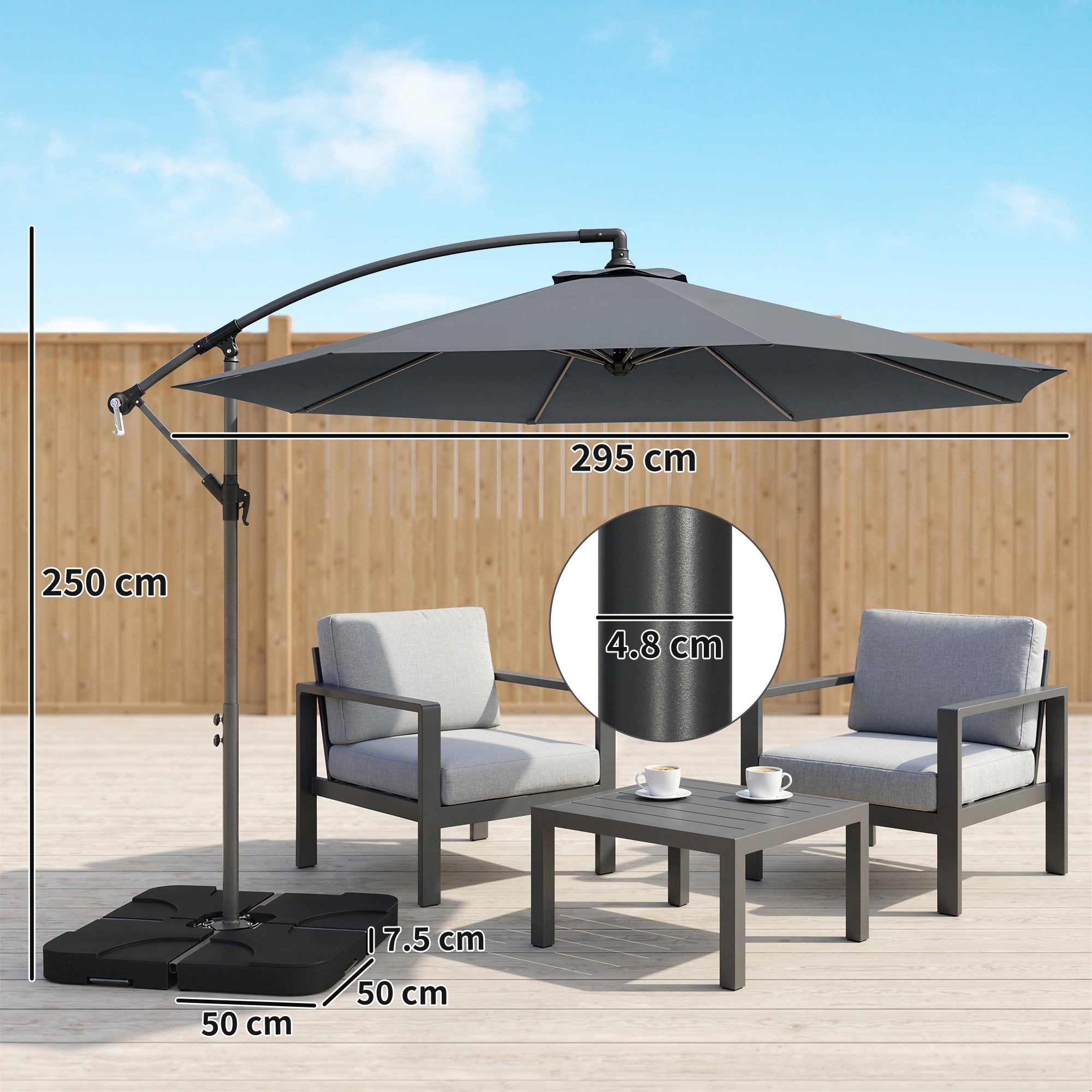 3m Overhanging Parasol, with Base, Weights and Cover - Dark Grey