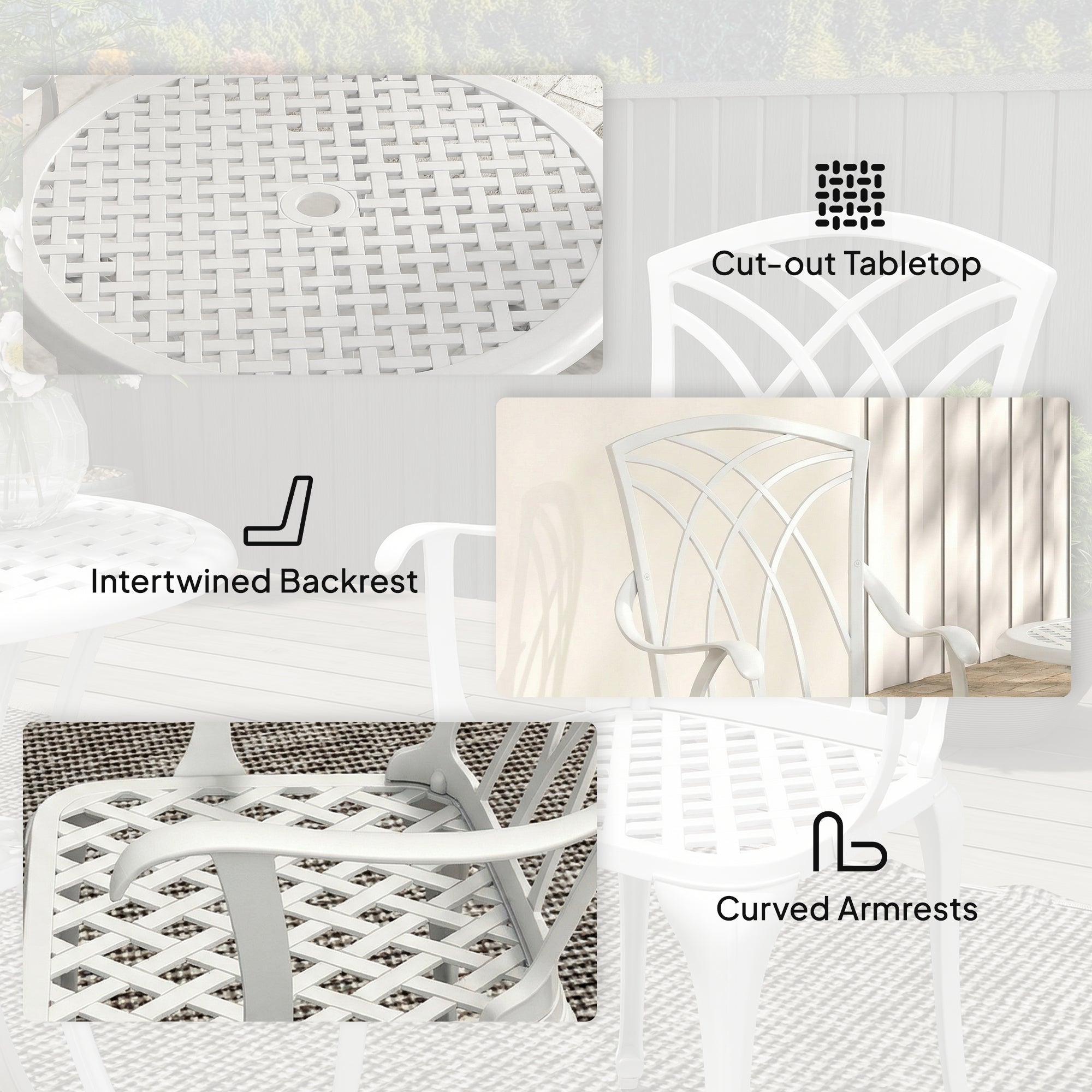 3 Pieces Garden Bistro Set, Cast Aluminium Outdoor Dining Set with 2 Chairs and Round Table with Parasol Hole, White