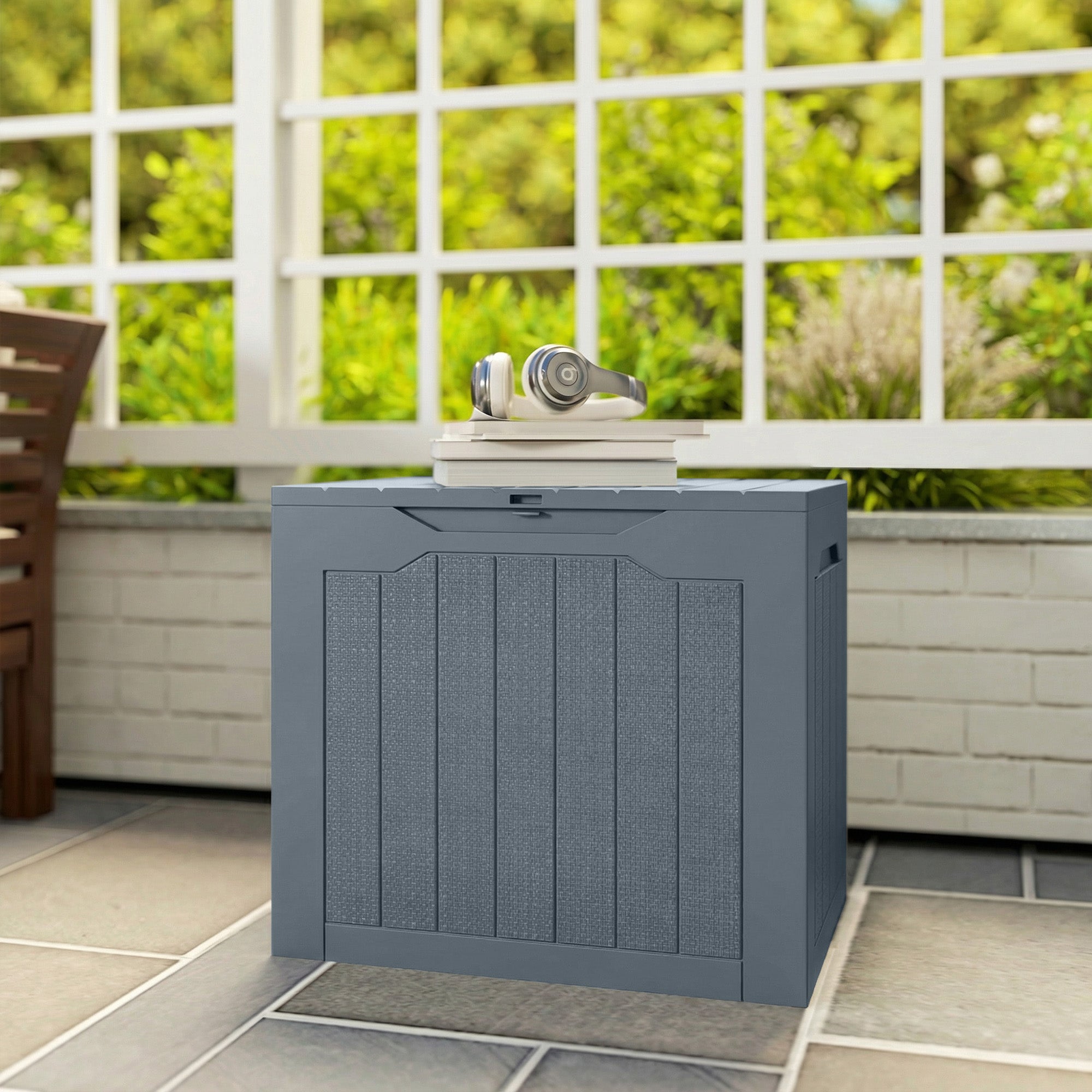 93L Plastic Garden Storage Box, Outdoor Storage Box with Handles, Waterproof Outdoor Storage Container, Light Grey
