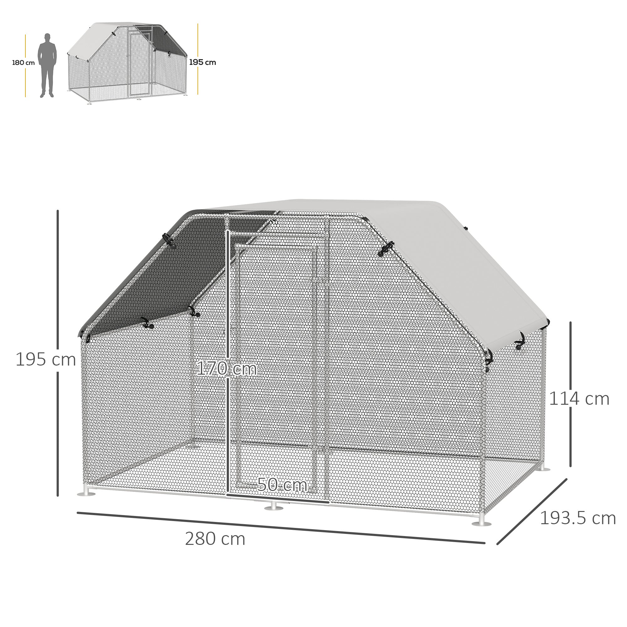 Walk-In Chicken Coop Run Cage Large Metal Chicken House w/ Cover Outdoor, 280W x 190D x 195H cm