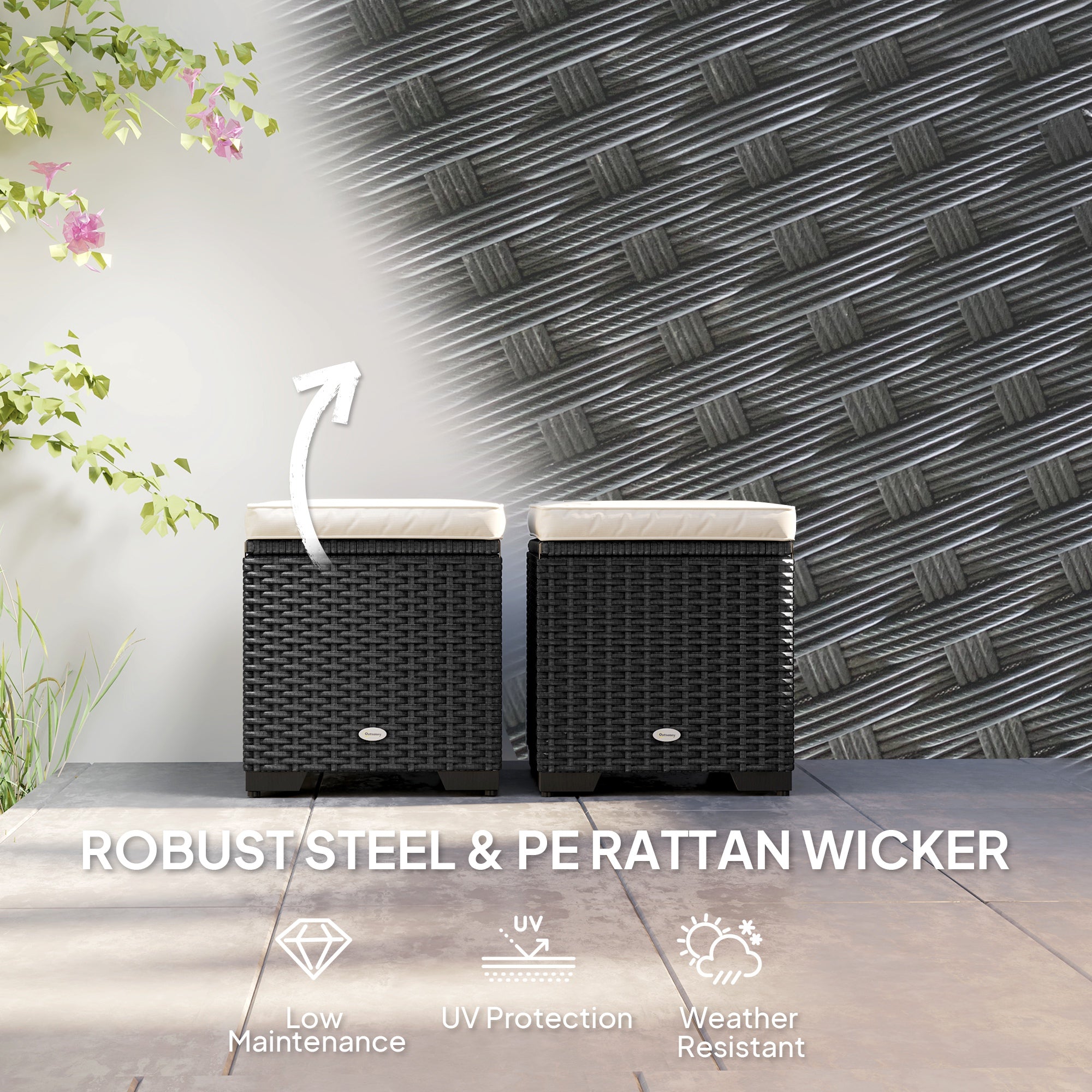 Set of 2 Rattan Storage Ottomans with Removable Cushions - Cream