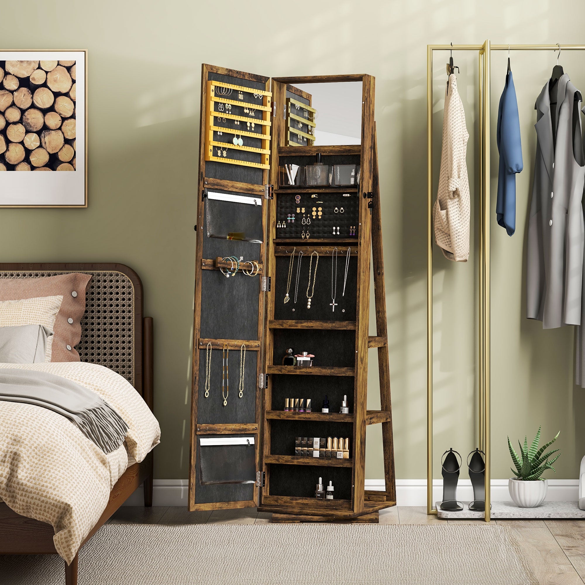 360° Swivel Jewellery Cabinet, Mirror Armoire, Full Length Mirror, Lockable Jewellery Organiser with Built-In Small Mirror, Rustic Brown