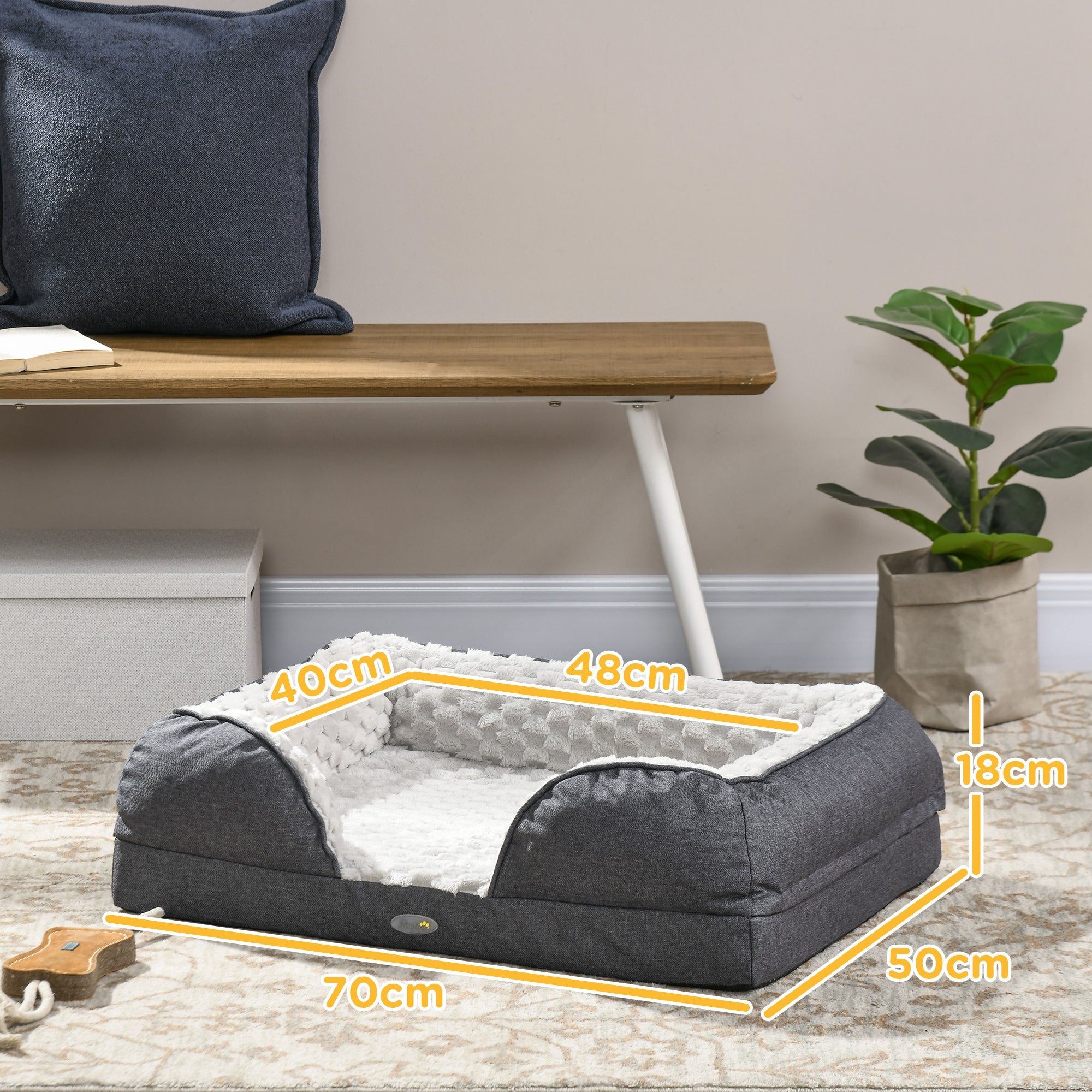 Calming Dog Bed Pet Mattress w/ Removable Cover, Anti-Slip Bottom, for Small Dogs, 70L x 50W x 18Hcm - Charcoal Grey