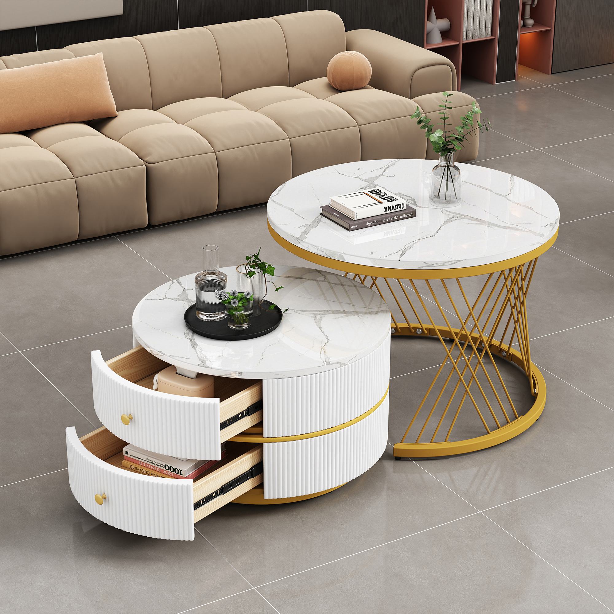 2 Piece High Gloss Round Nesting Coffee Table Set with Marble Top, Living Room Centre Tables with Storage Drawers, Gold+White