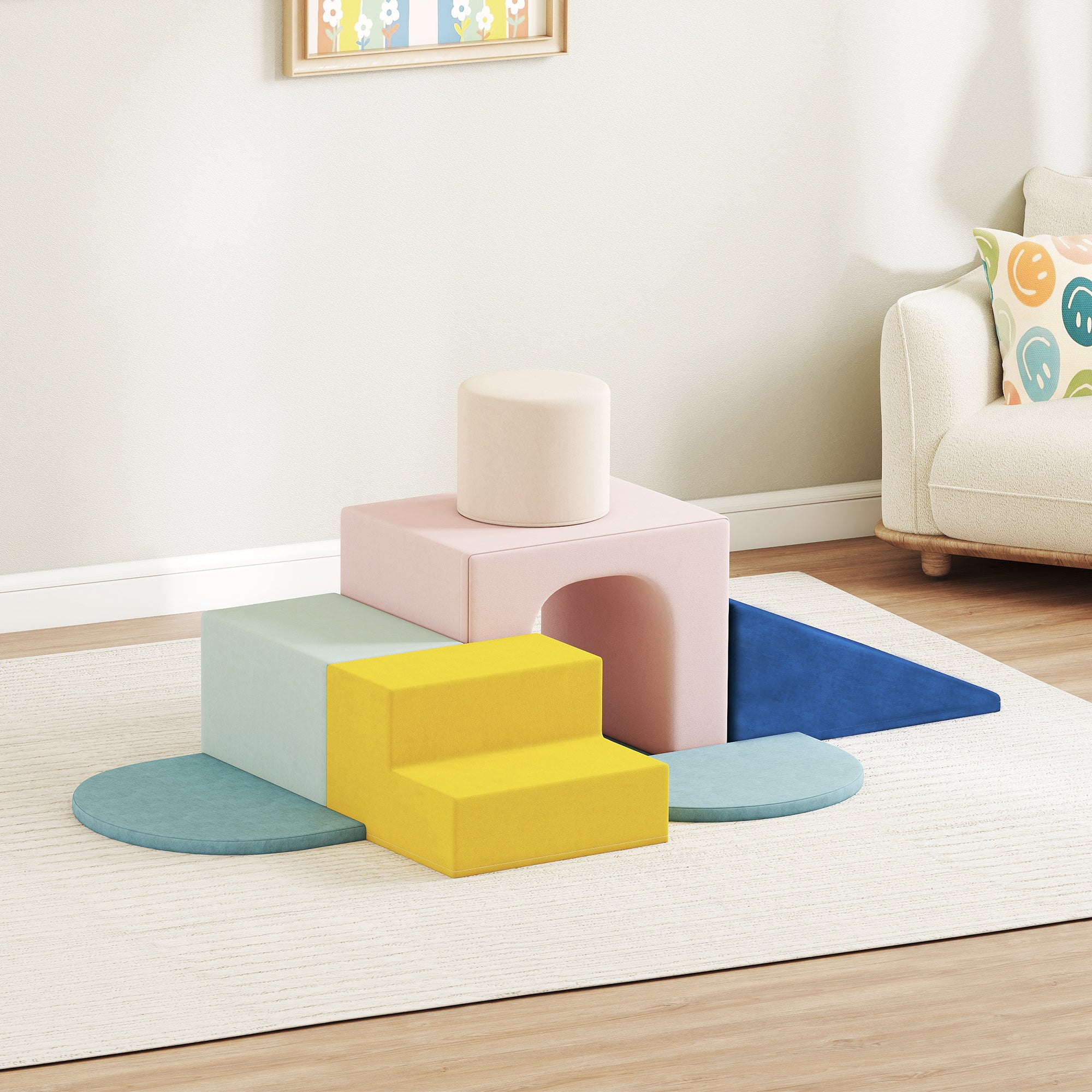 8-Piece Foam Play Blocks for Kids, Soft Motor Skill Blocks with Washable Velvet Covers, Indoor Climbing Set, Multicolor