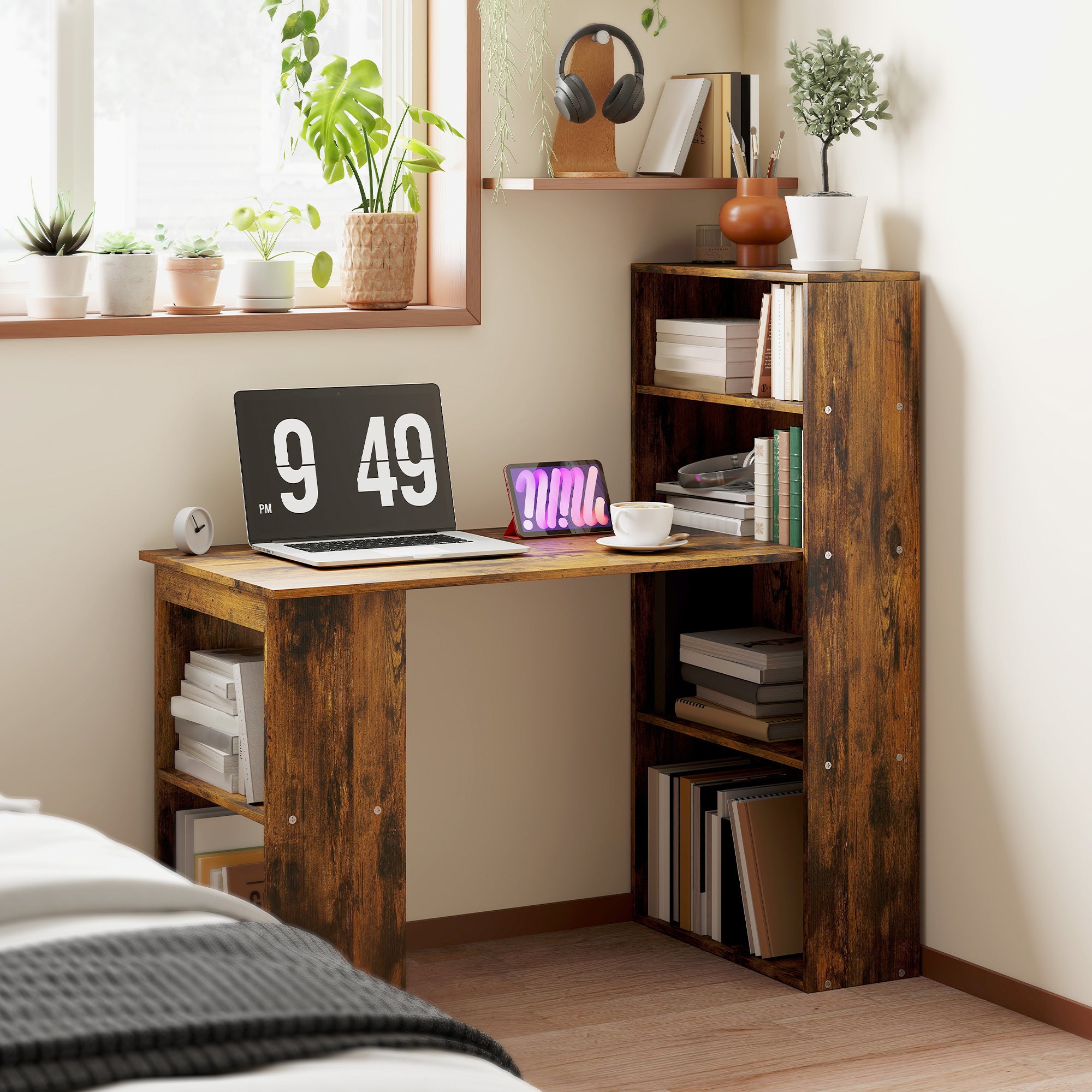 120cm Computer Desk, Wooden PC Laptop Table with 6-Tier Storage Bookshelves, Home Office Working Study Desk, Writing Workstation, Rustic Brown Wood-Effect