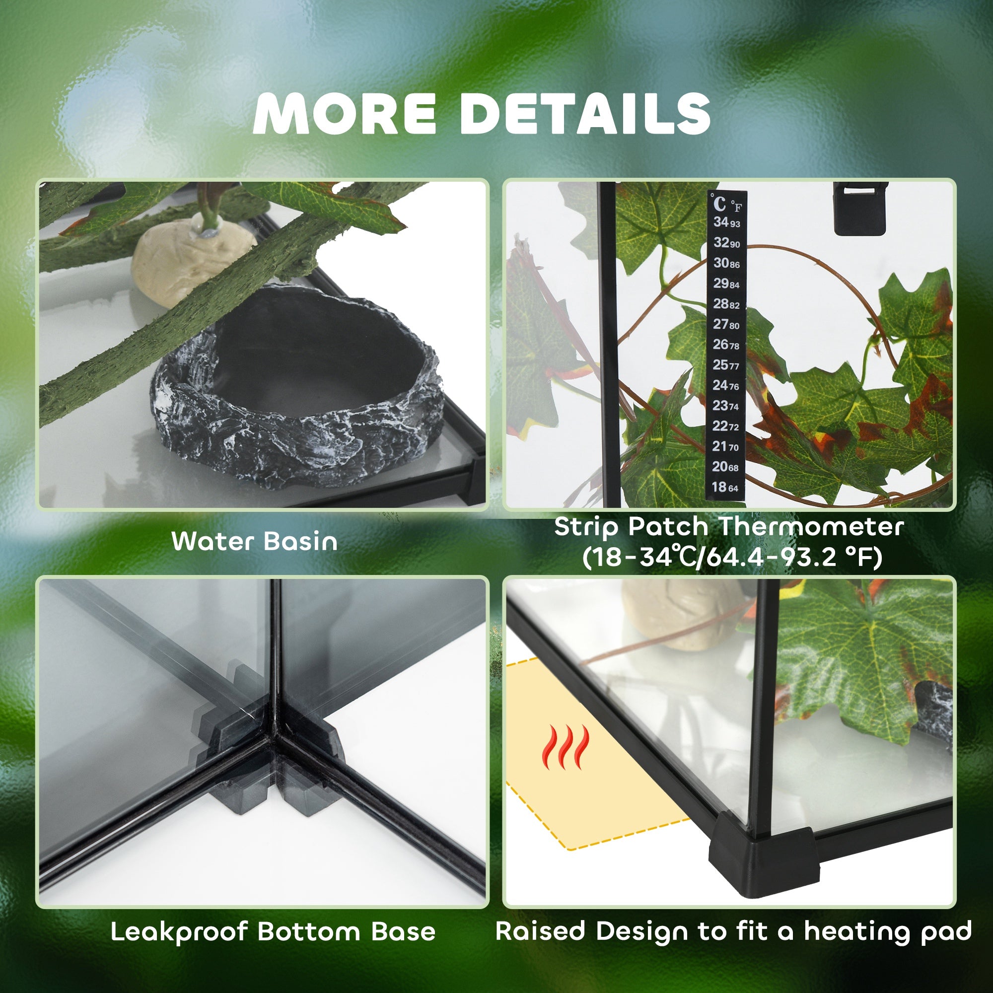 Glass Reptile Terrarium with Decor Kit, Breeding Tank with Thermometer for Small Animals, 50 x 30 x 25cm, Heated - Black