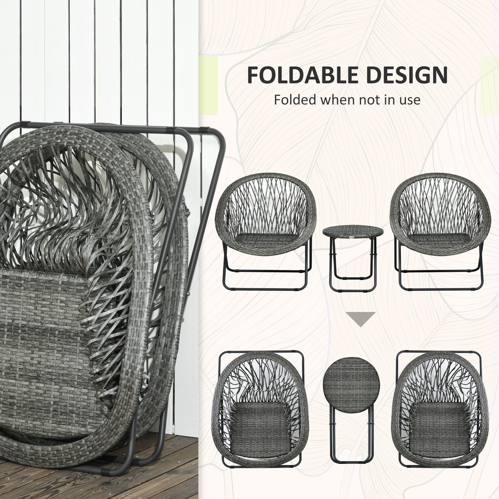 3 Pieces Rattan Bistro Set, Wicker Folding Garden Furniture Set with Round Coffee Table and Chairs for Outdoor, Patio, Balcony, Grey