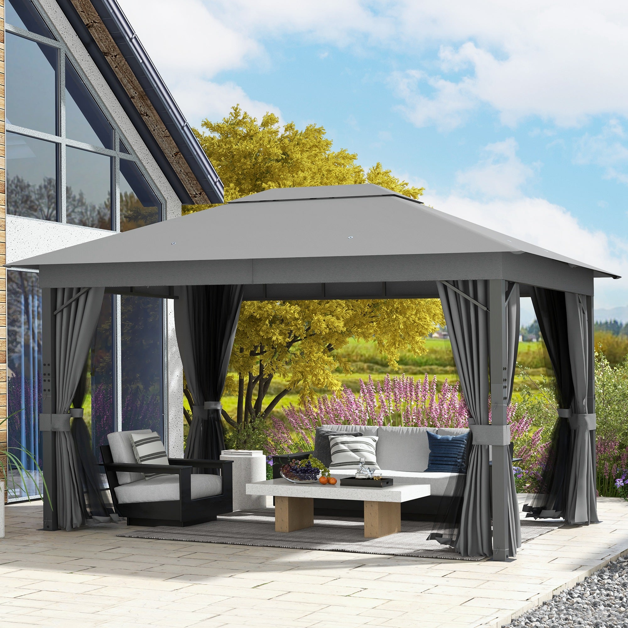 4 x 3(m) Patio Gazebo Canopy, with Vented Roof, Netting, Curtains, Aluminium Frame, Grey