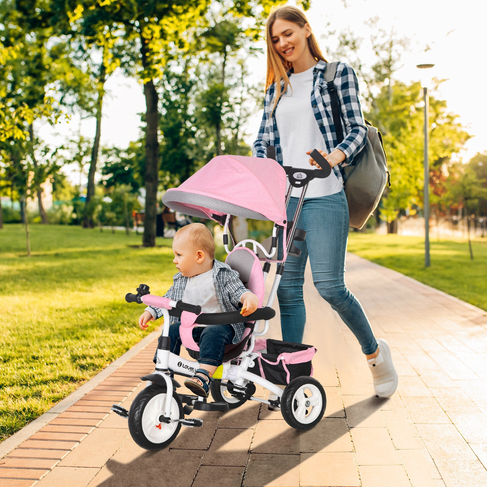 6 in 1 Kids Trike Push Bike w/ Push Handle, Canopy, 5-point Safety Belt, Storage, Footrest, Brake, for 1-5 Years, Pink