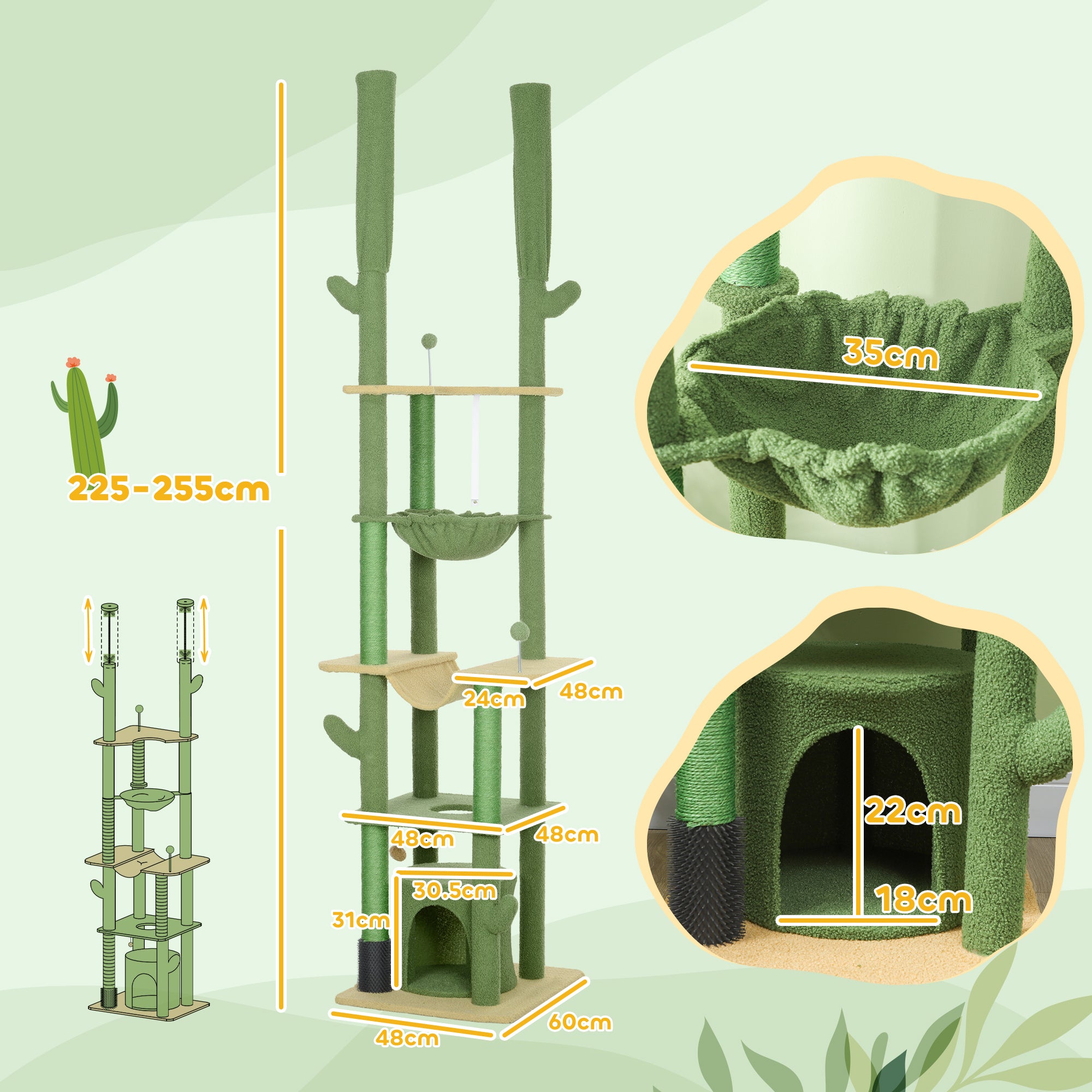 225-255cm Height Adjustable Floor to Ceiling Cat Tree, Tall Cat Tower for Indoor Cats w/ Scratching Posts - Green