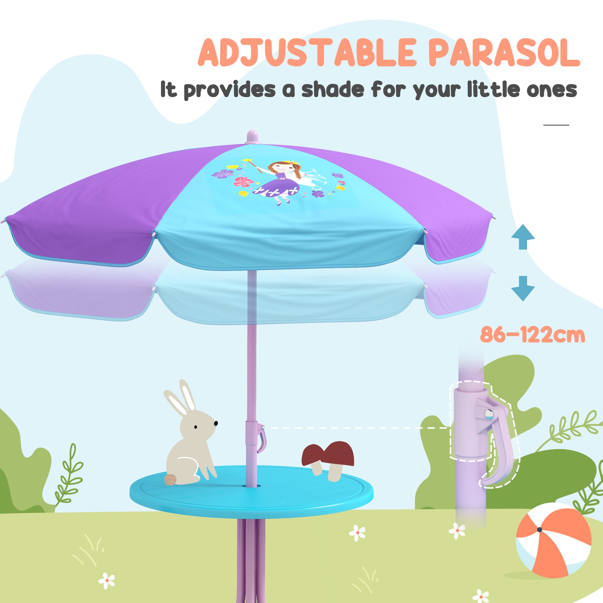 4PCs Kids Garden Furniture Set w/ 2 Seater Garden Swing Chair with Adjustable Canopy, Childrens Table and Chair Set with Parasol, for Toddler Girls 3-6 Years Old
