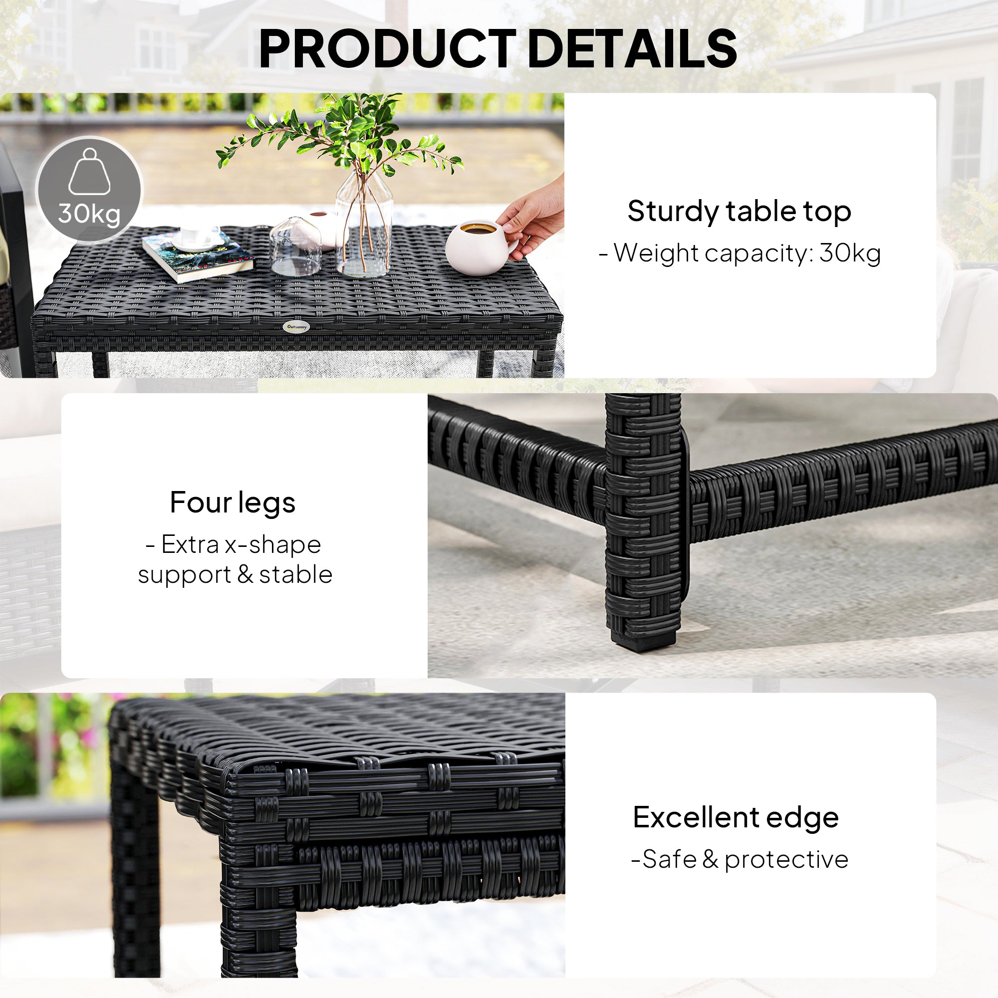 Outdoor Coffee Table Side Table with Rectangular Frame for Patio, Balcony, Black