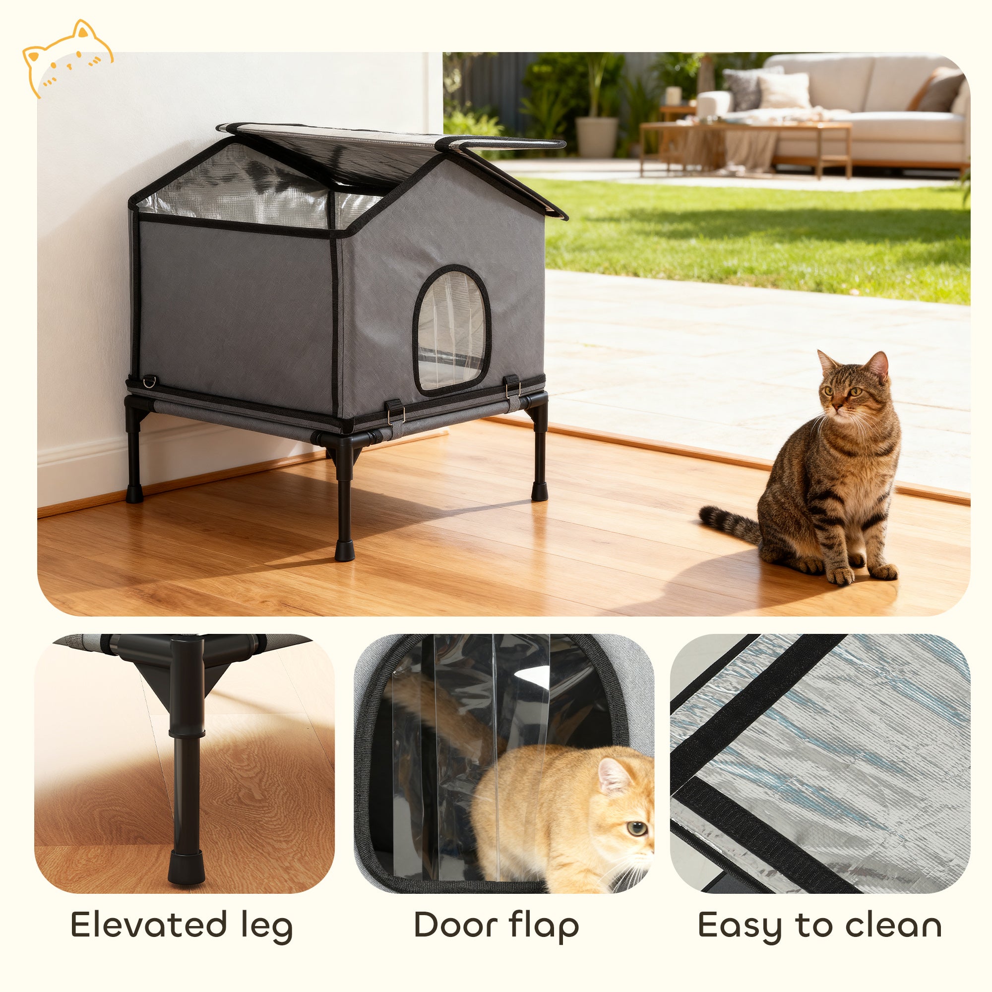 Outdoor Cat House, Waterproof Insulated Cat Kennel with Elevated Base, Foldable Feral Kitty Shelter for Kittens, Grey