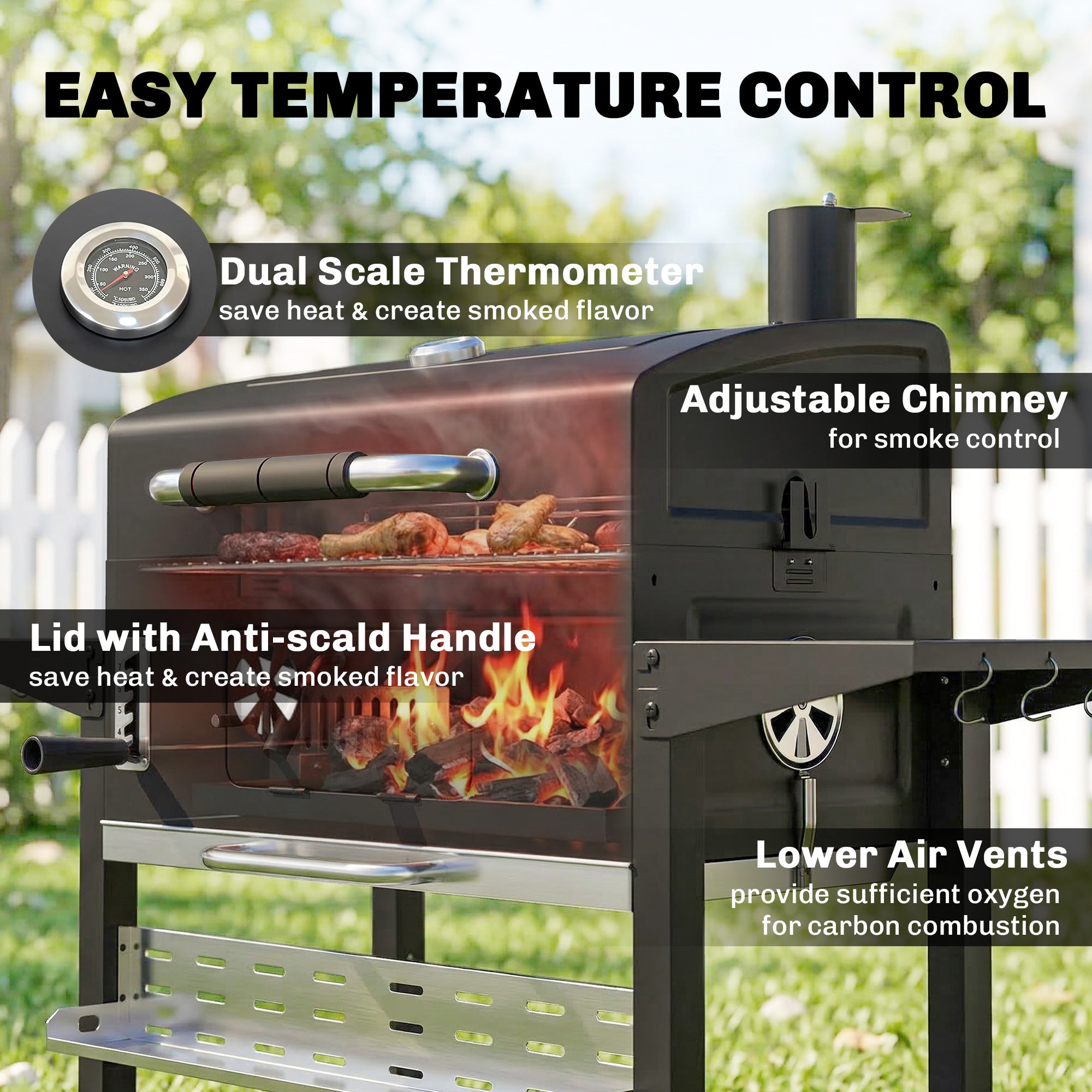 Charcoal BBQ Grill Smoker with Electric Rotisserie Kit, Portable Barbecue Grill with Warming Rack, Black